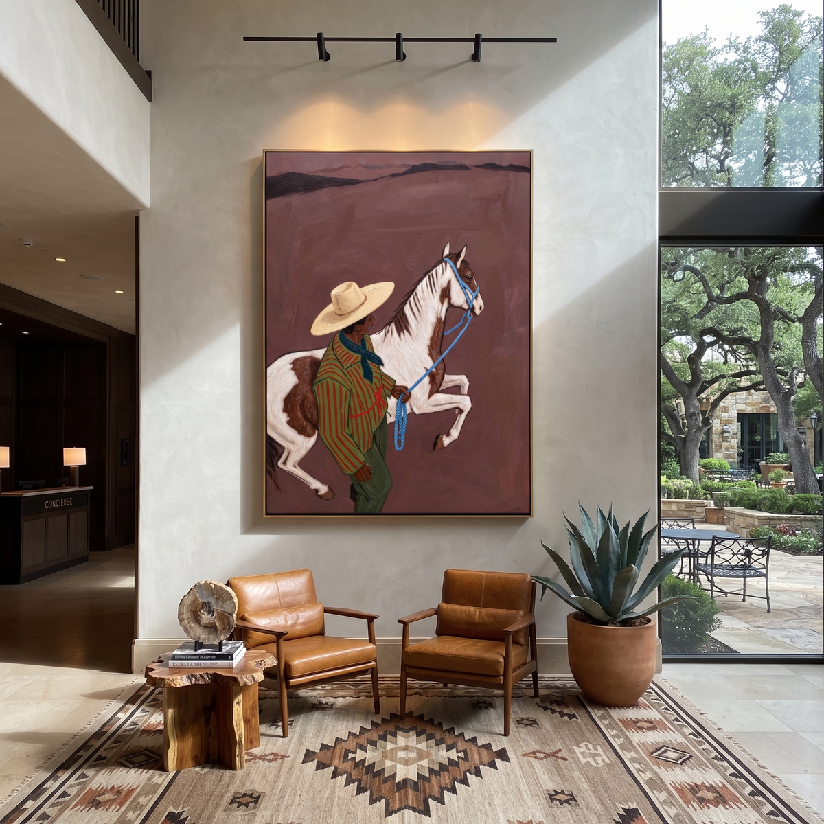 Striped Cowboy Calms Pinto styled with wood, linen, and modern decor