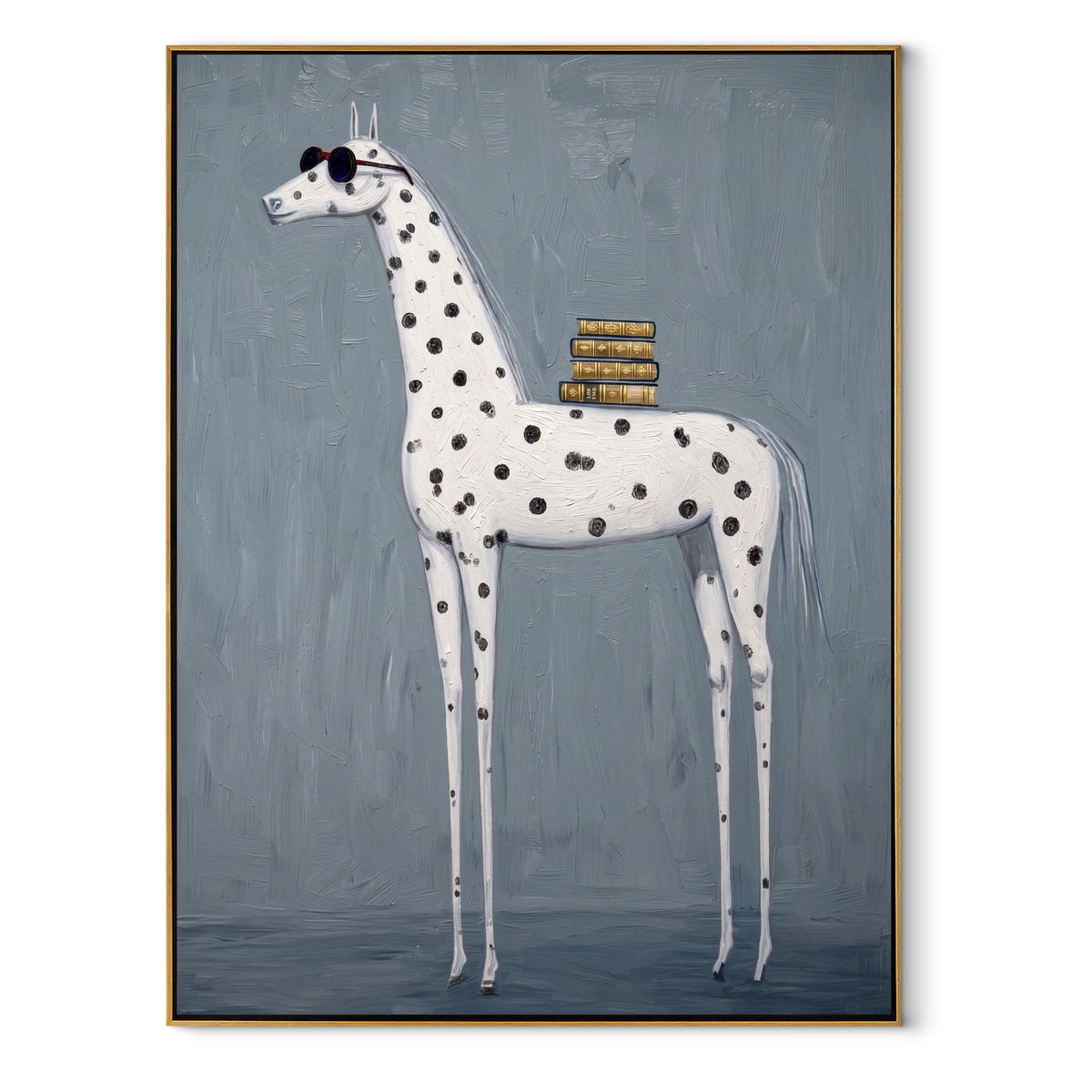 Spotted Horse Carries Books equestrian horse painting, vertical canvas artwork