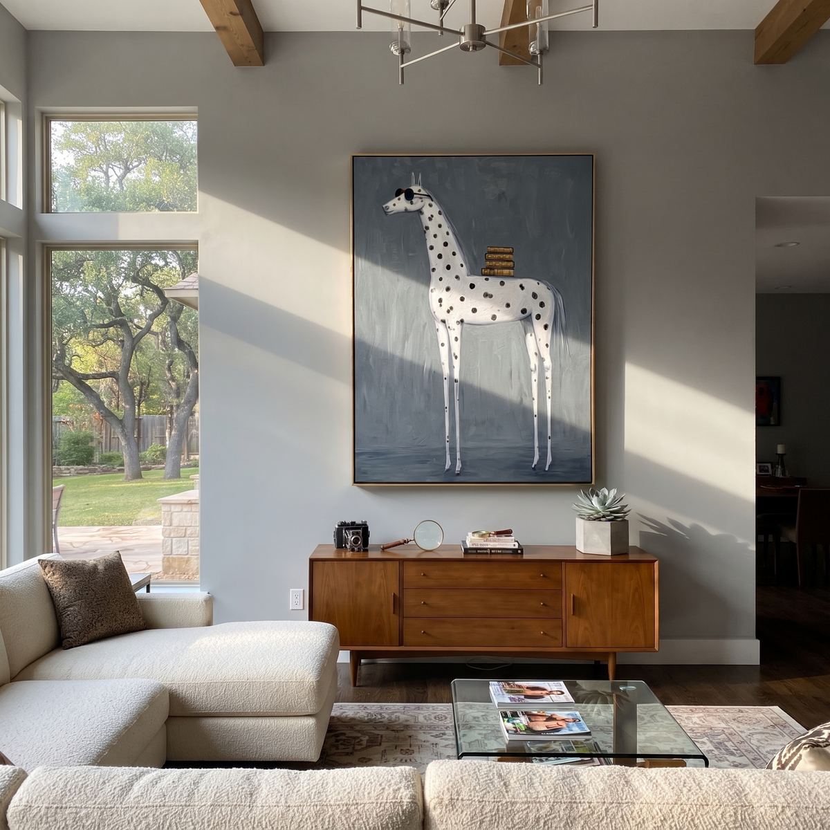 Spotted Horse Carries Books presented as a colorful interior focal point