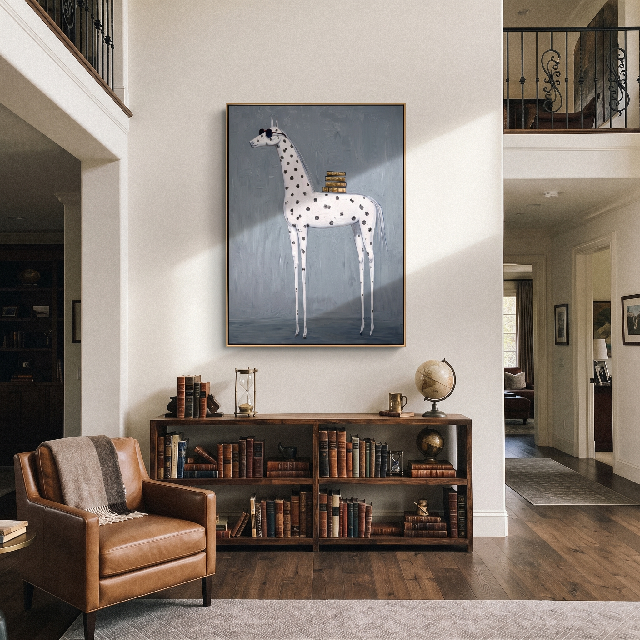 Spotted Horse Carries Books styled with wood, linen, and modern decor