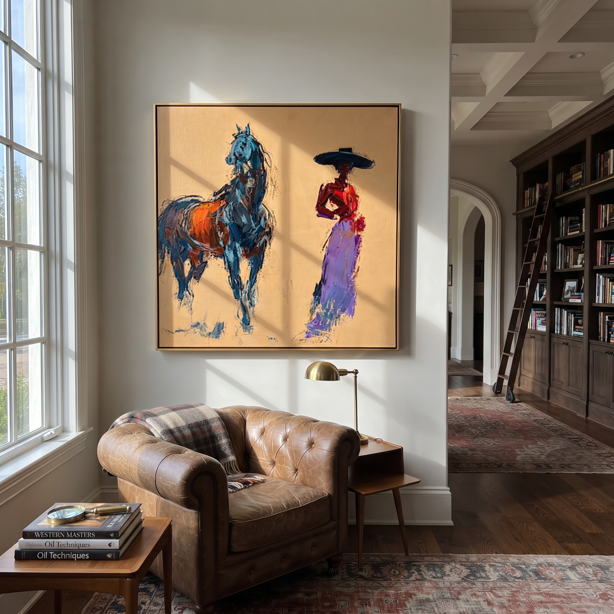 Violet Woman Meets Blue displayed in a layered residential setting
