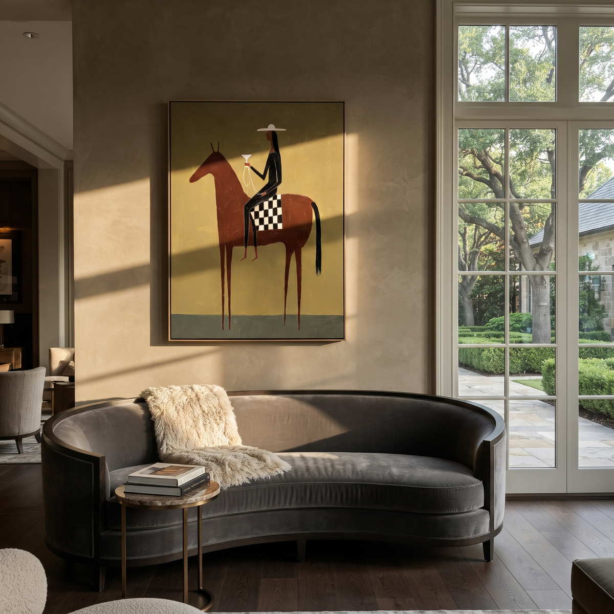 Checkered Saddle Faces West displayed in a collected contemporary interior