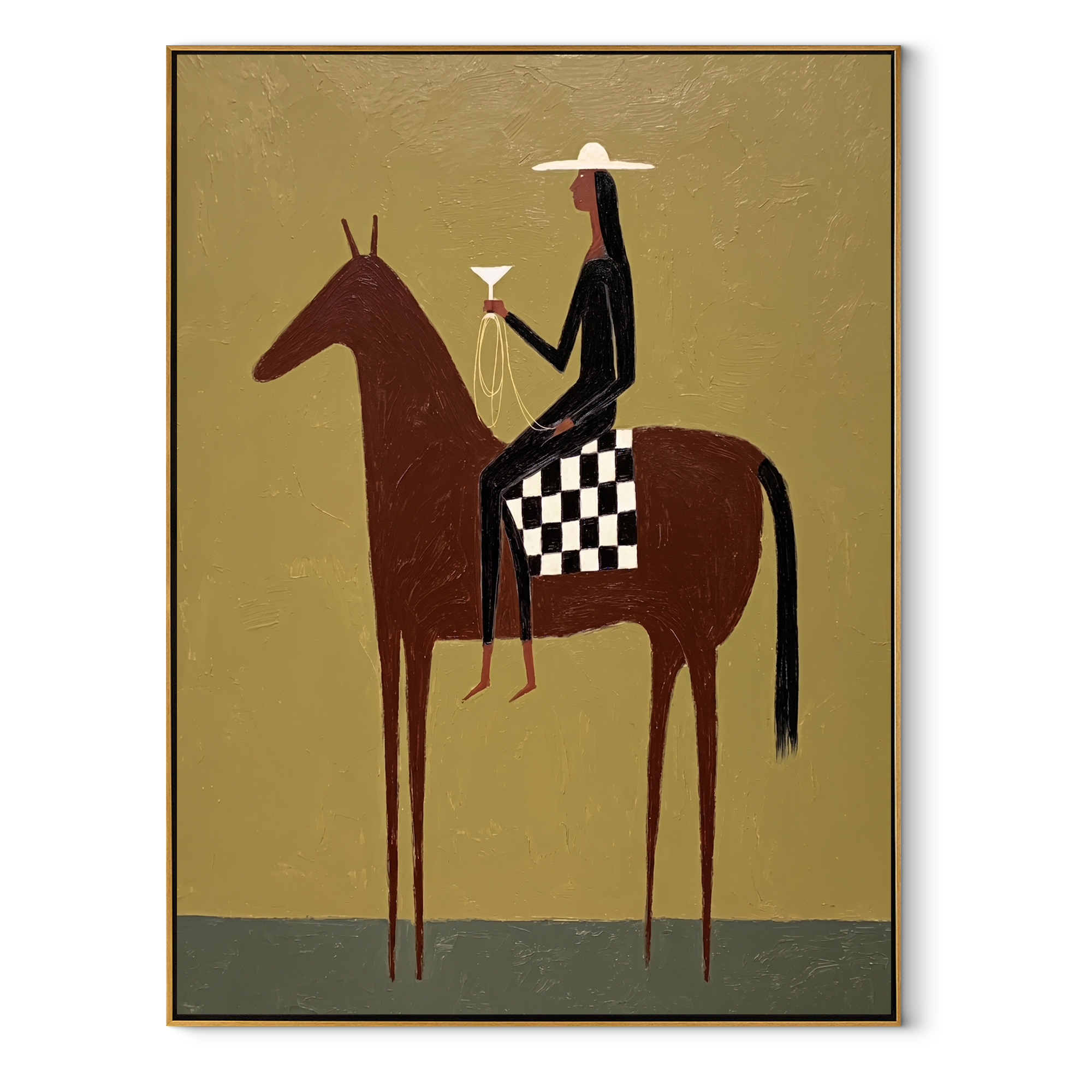 Checkered Saddle Faces West equestrian horse painting, vertical canvas artwork