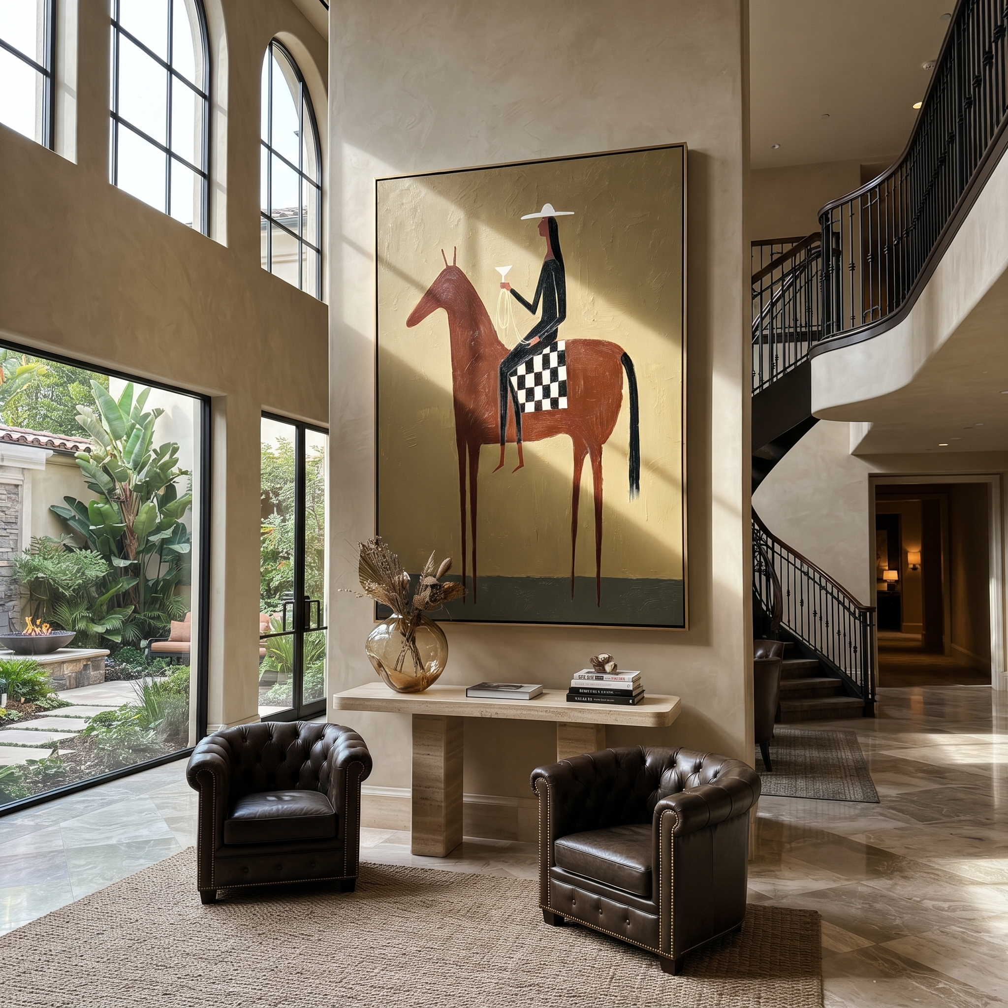 Checkered Saddle Faces West presented as a colorful interior focal point