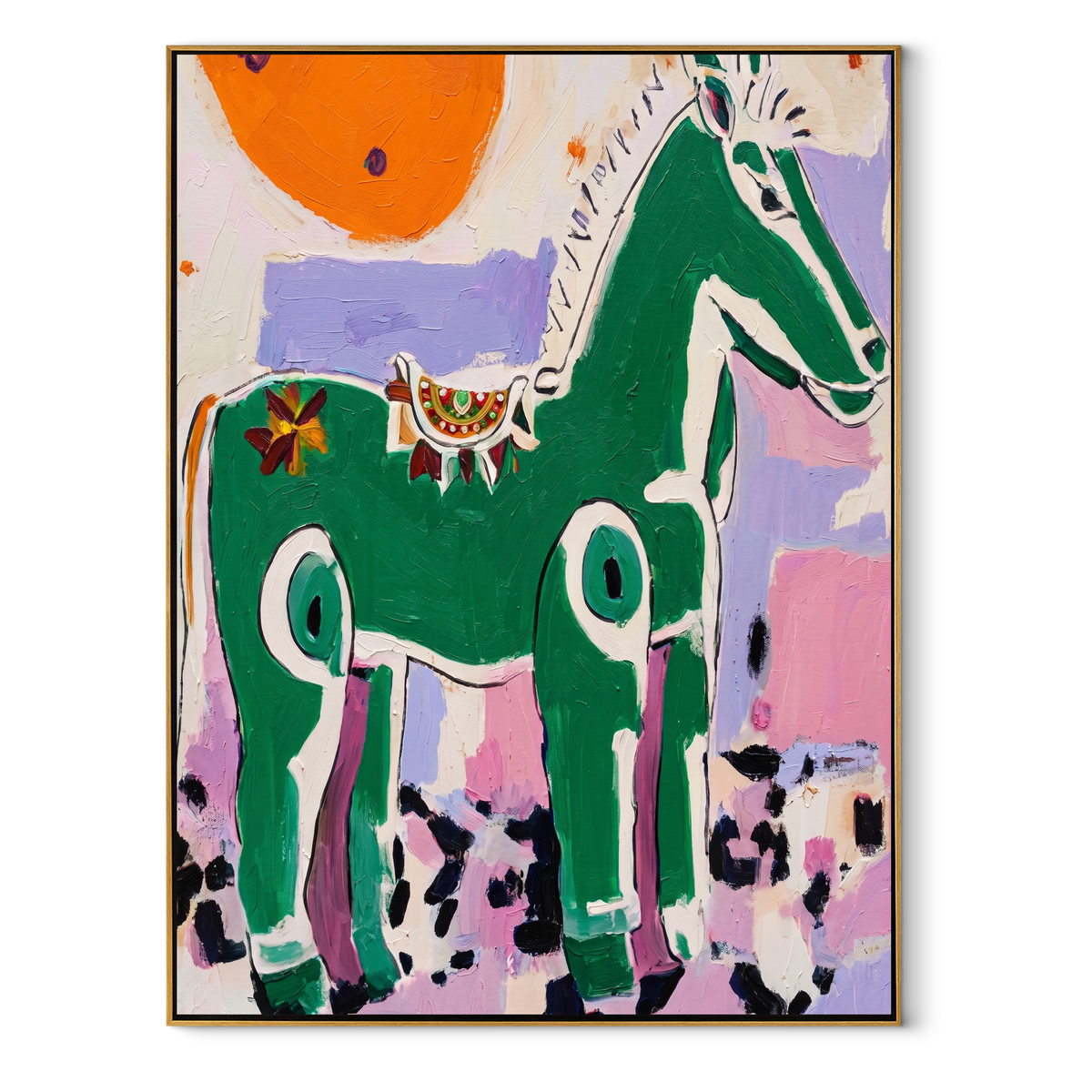Green Horse Greets Sun equestrian horse painting, vertical canvas artwork