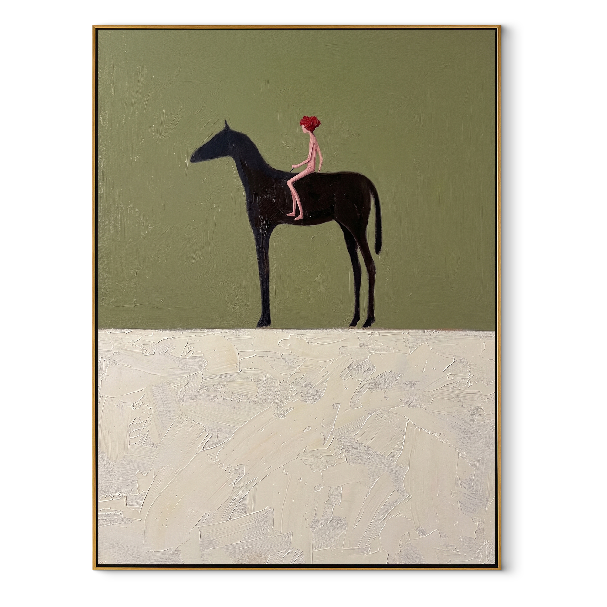 Red Cap Above Snow equestrian horse painting, vertical canvas artwork