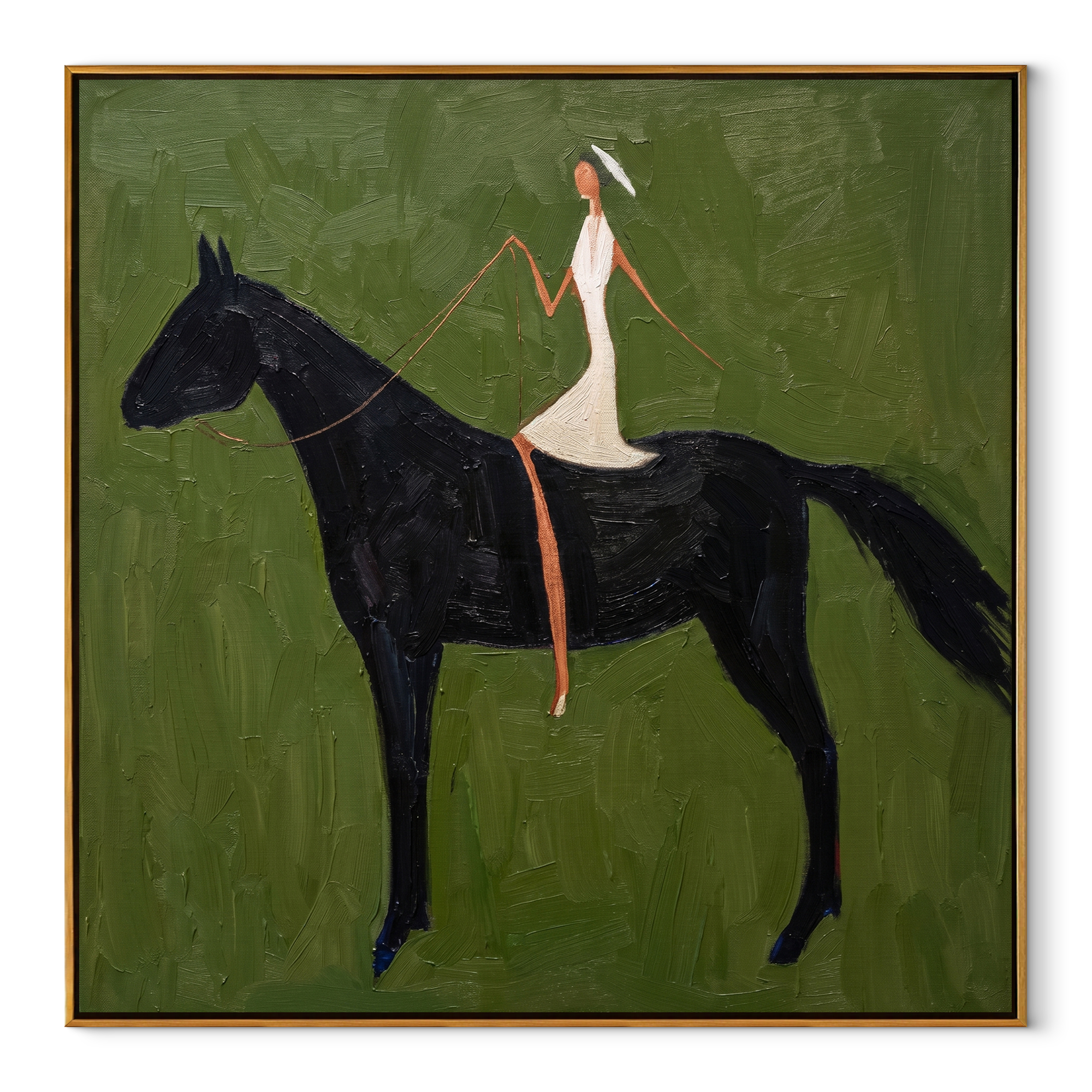 White Dress Draws Triangle equestrian horse painting, square canvas artwork
