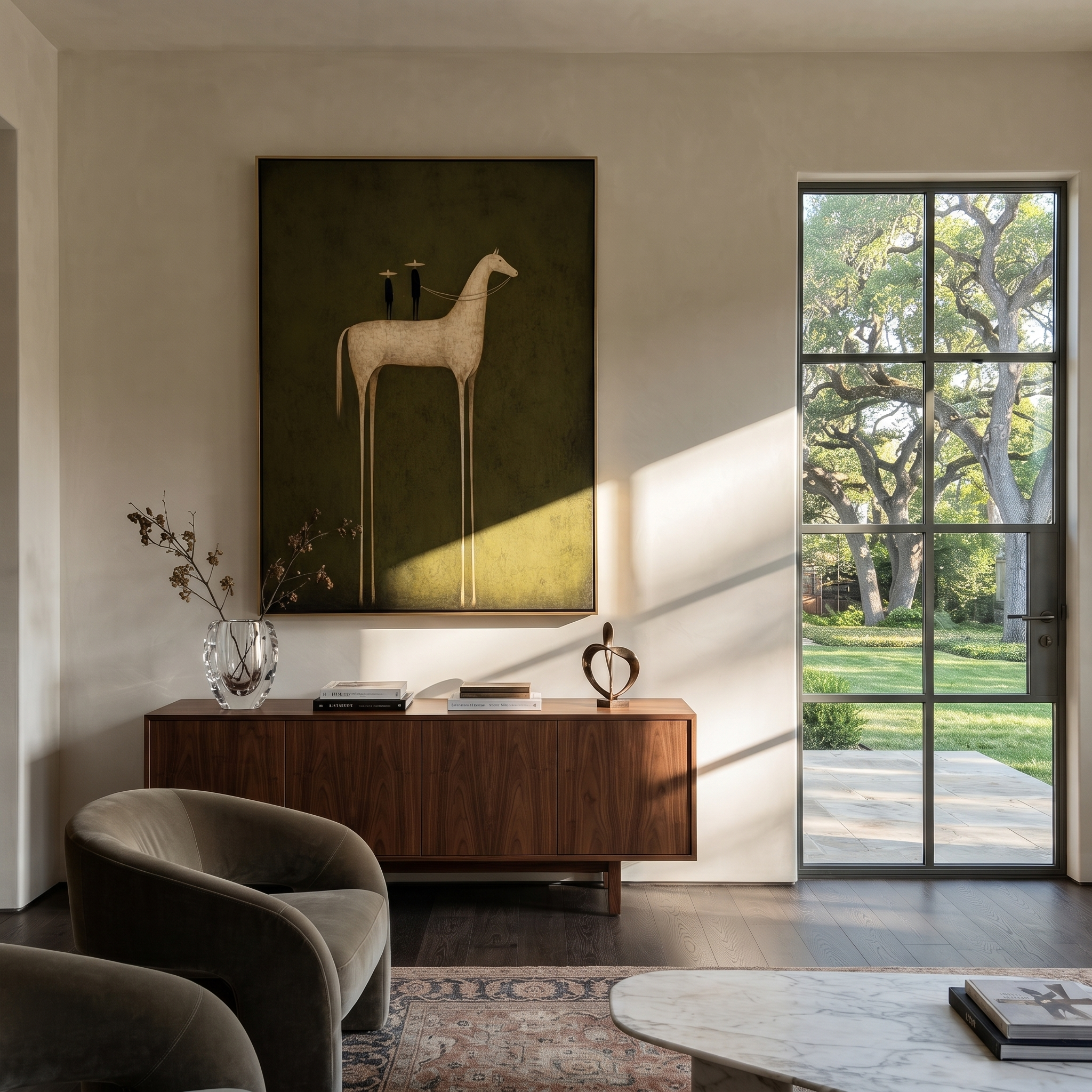 Two Figures Ride Ivory displayed in a collected contemporary interior