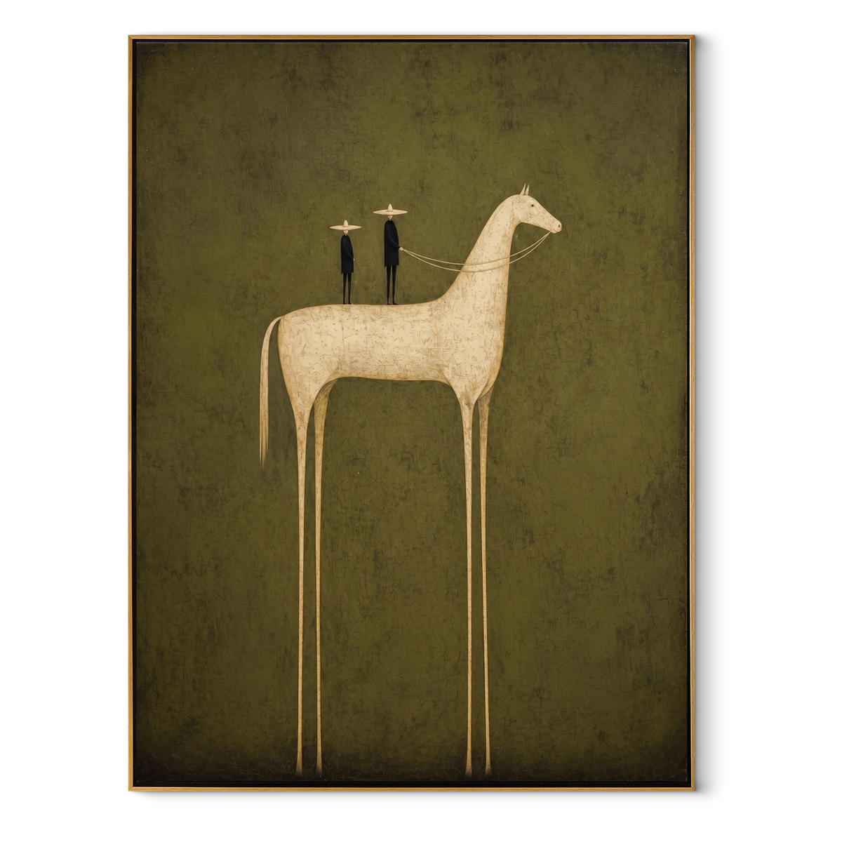 Two Figures Ride Ivory equestrian horse painting, vertical canvas artwork