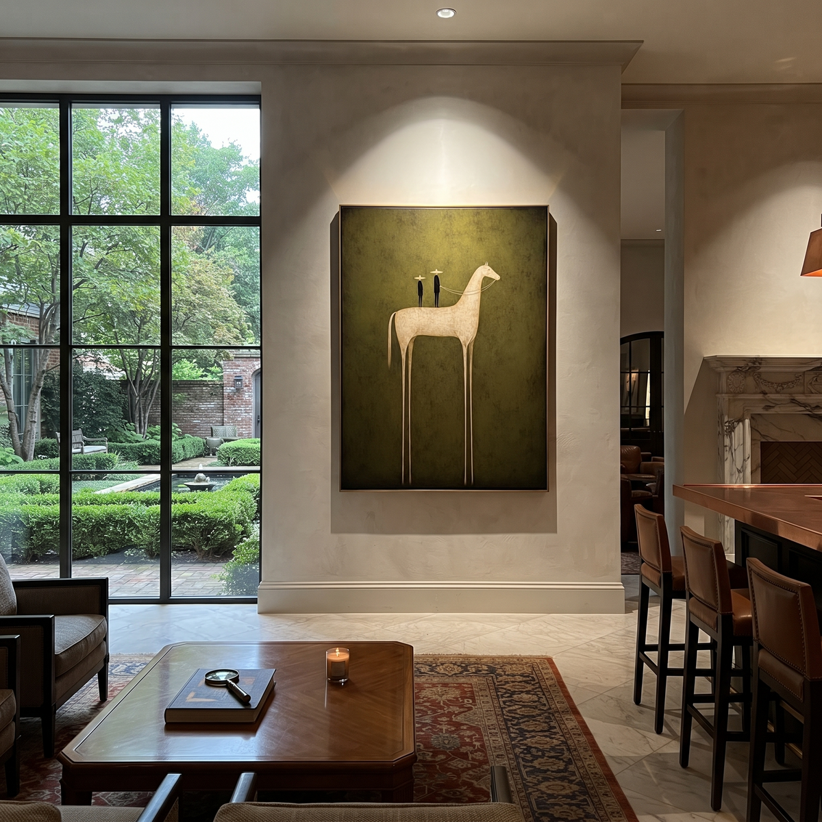 Two Figures Ride Ivory presented as a colorful interior focal point