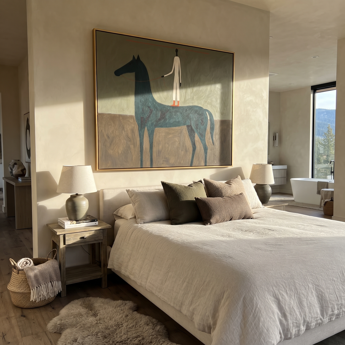 White Figure Stands Horseback displayed in a collected contemporary interior