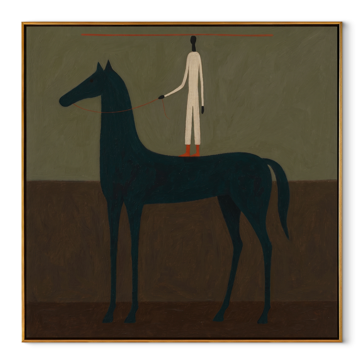 White Figure Stands Horseback equestrian horse painting, square canvas artwork