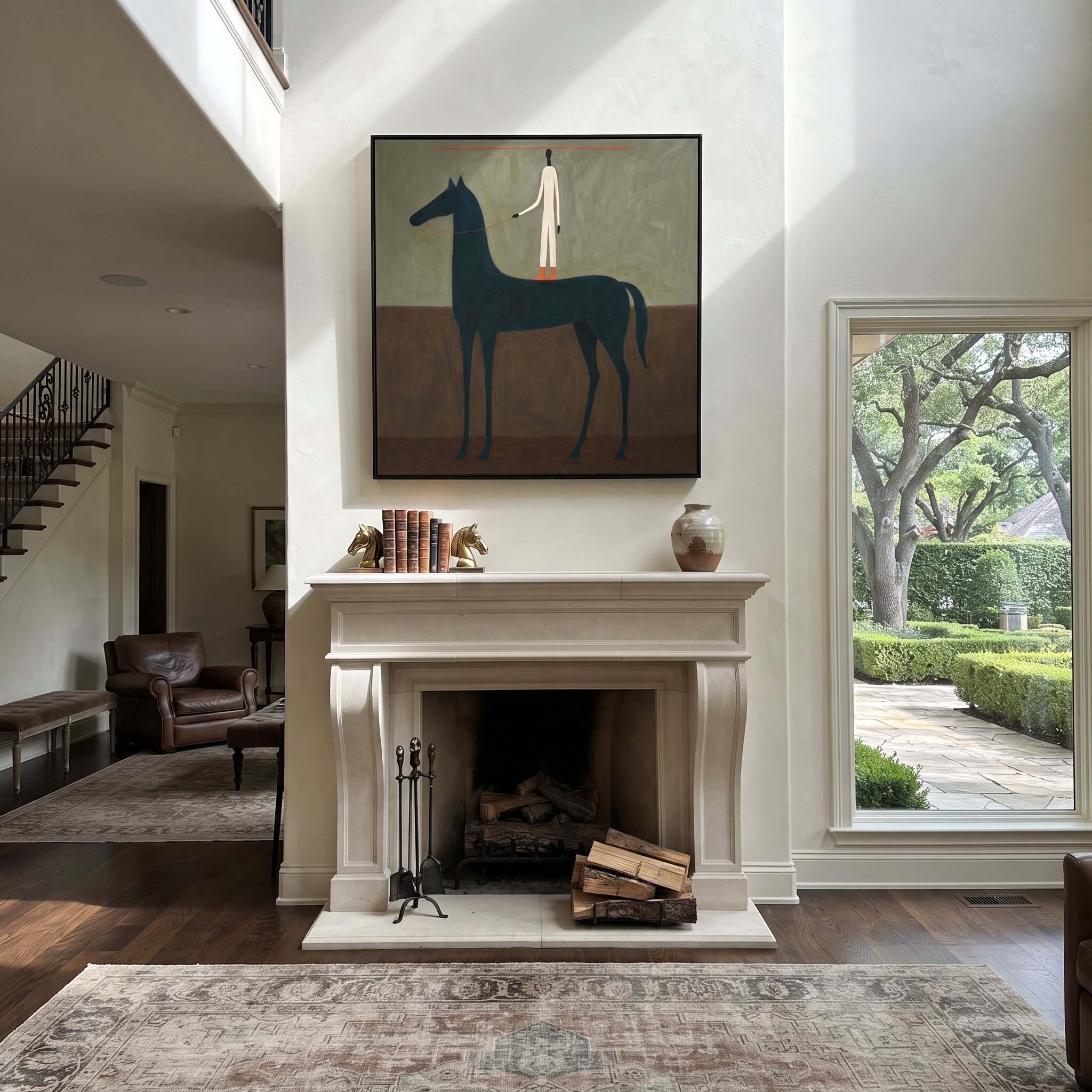 White Figure Stands Horseback displayed in a layered residential setting