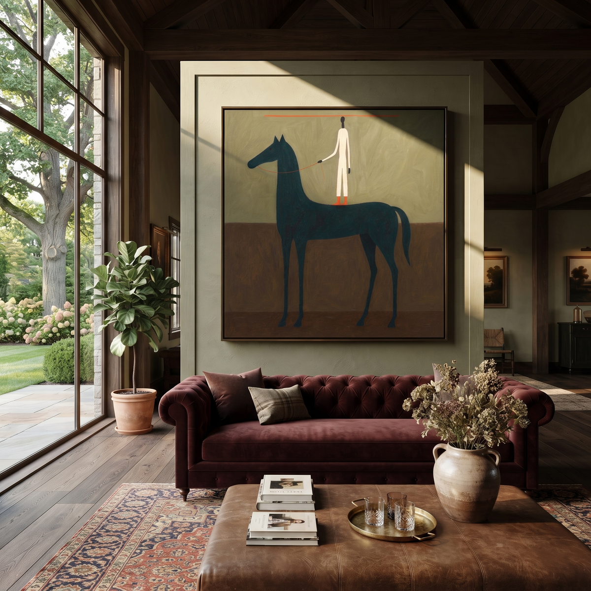 White Figure Stands Horseback styled with wood, linen, and modern decor