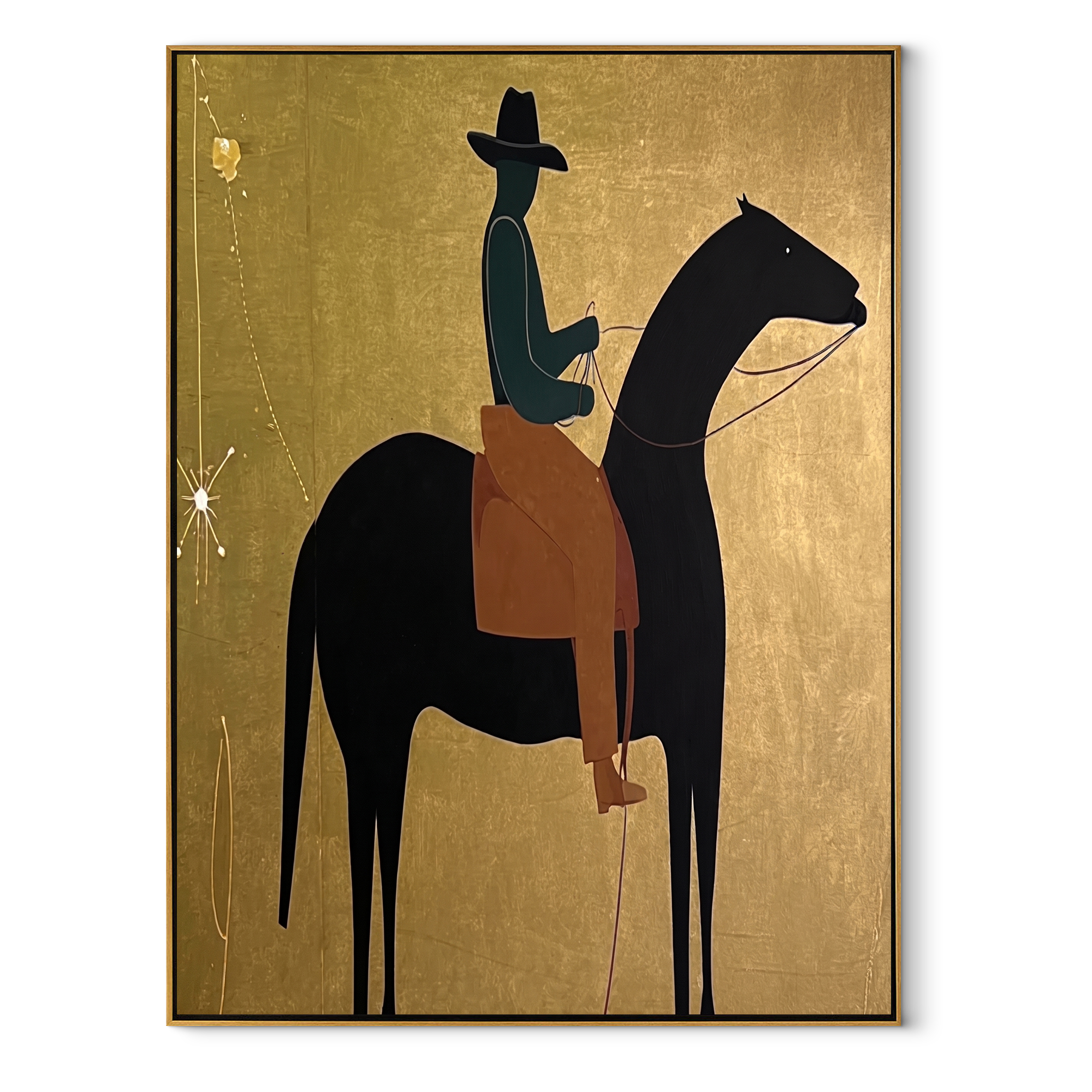 Teal Rider Crosses Gold equestrian horse painting, vertical canvas artwork
