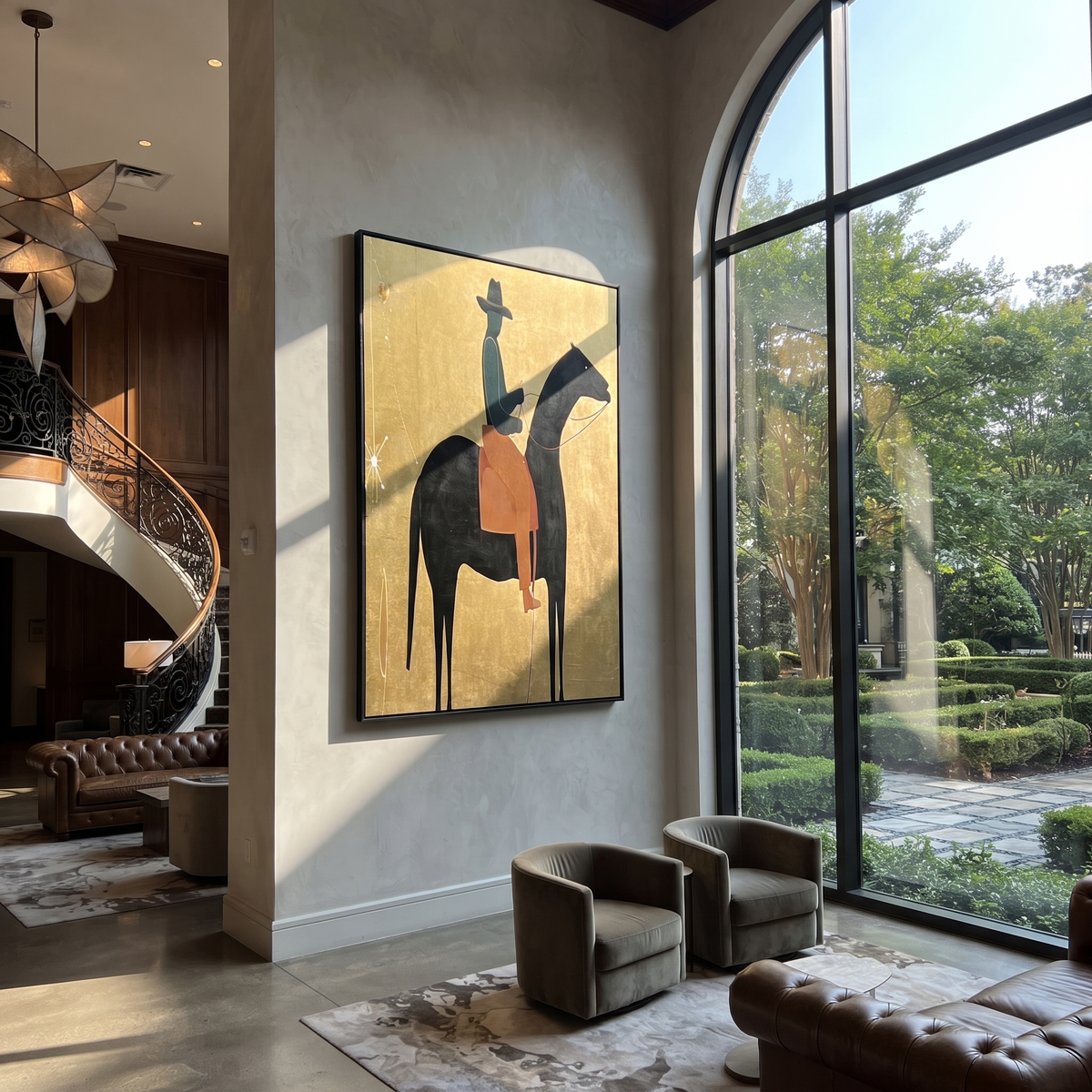 Teal Rider Crosses Gold displayed in a layered residential setting