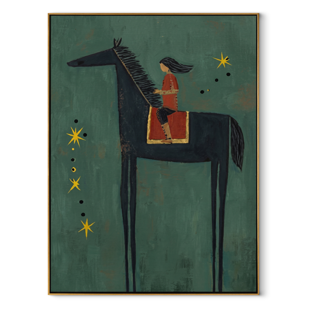 Red Rider Follows Stars equestrian horse painting, vertical canvas artwork