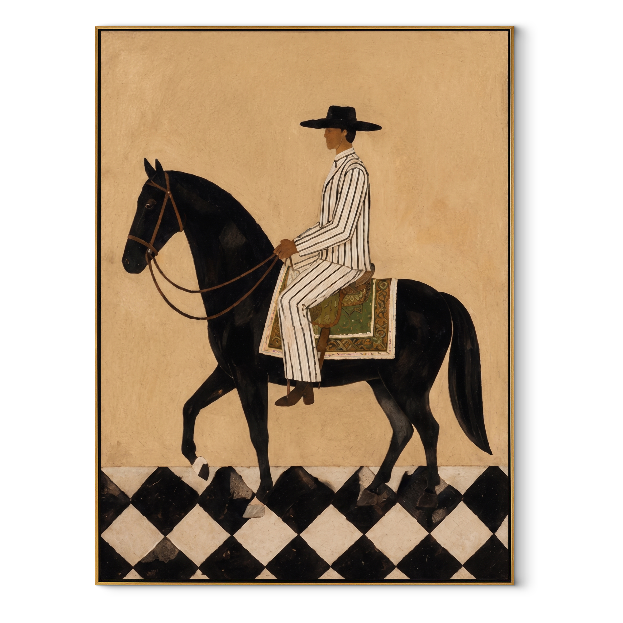 Striped Cowboy Crosses Diamonds equestrian horse painting, vertical canvas artwork