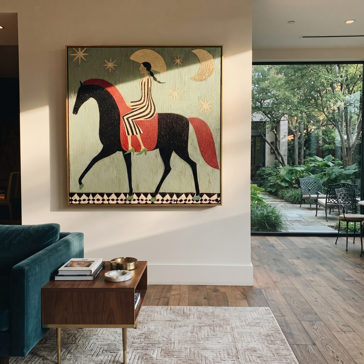 Striped Rider Courts Moon displayed in a collected contemporary interior