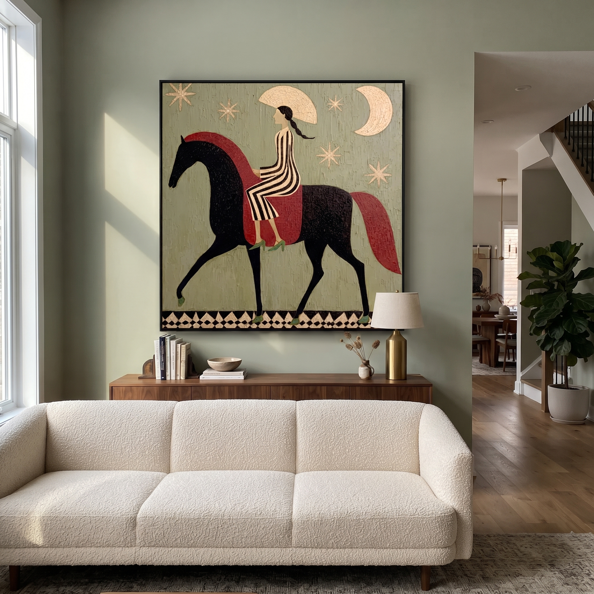 Striped Rider Courts Moon styled with warm modern furnishings