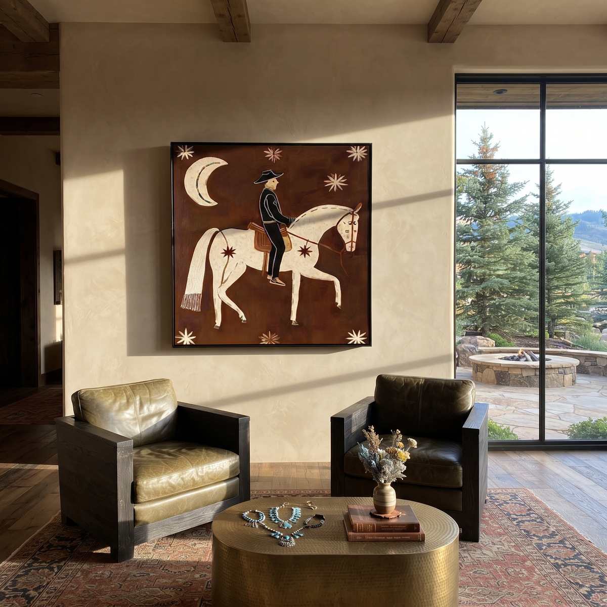 Cowboy Rides Moonlit Stars displayed in a collected contemporary interior