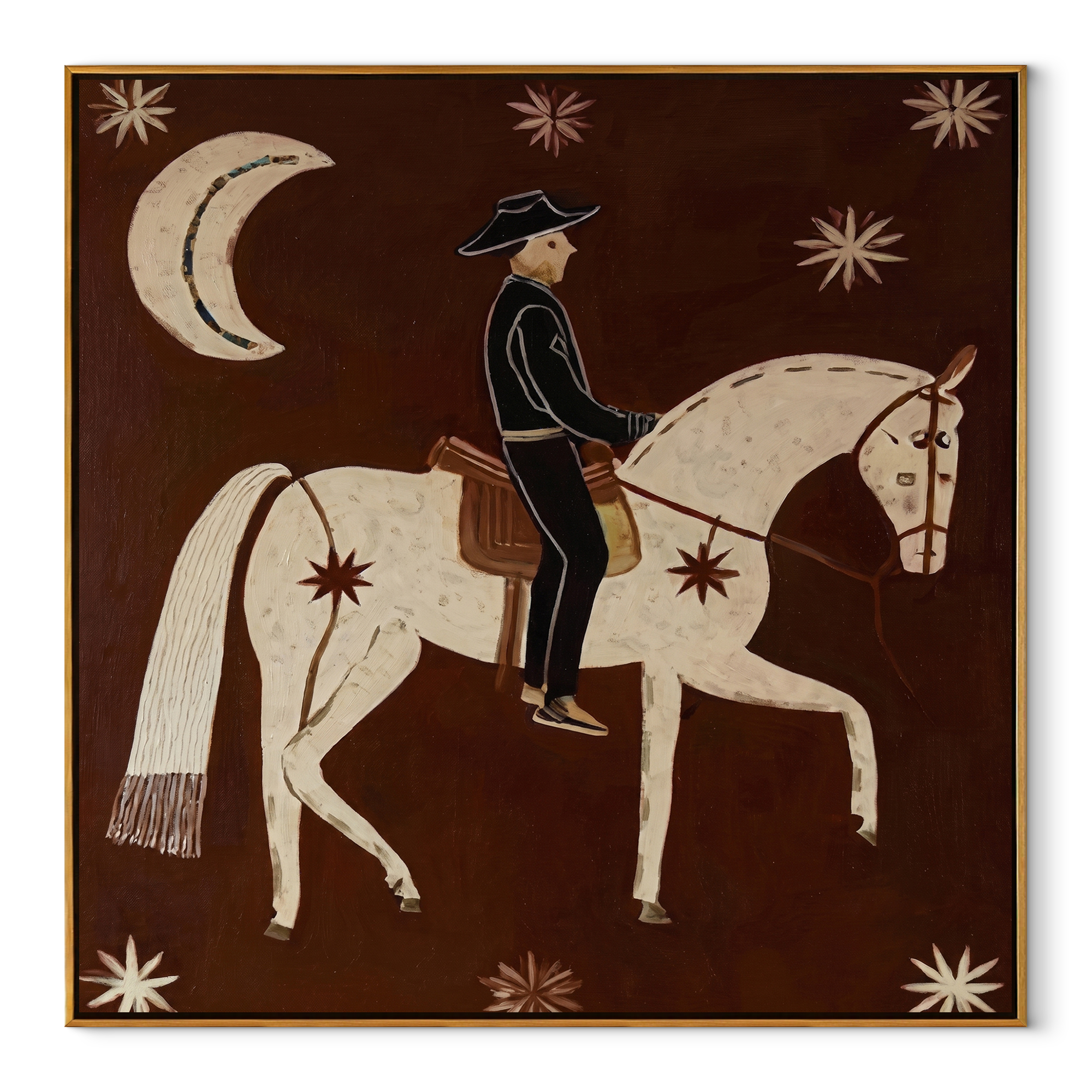 Cowboy Rides Moonlit Stars equestrian horse painting, square canvas artwork