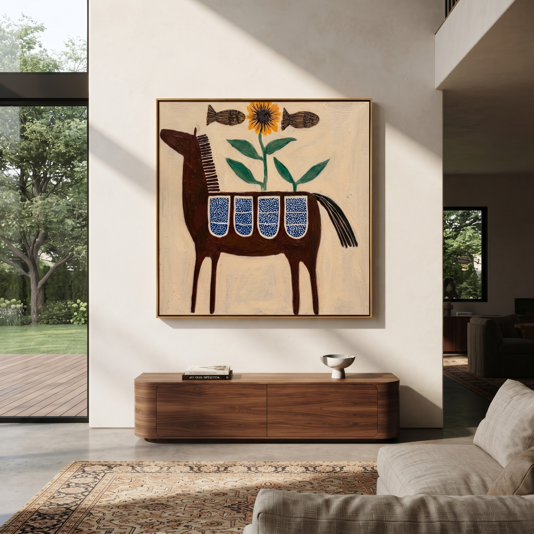 Sunflower Blooms above Saddle displayed in a collected contemporary interior