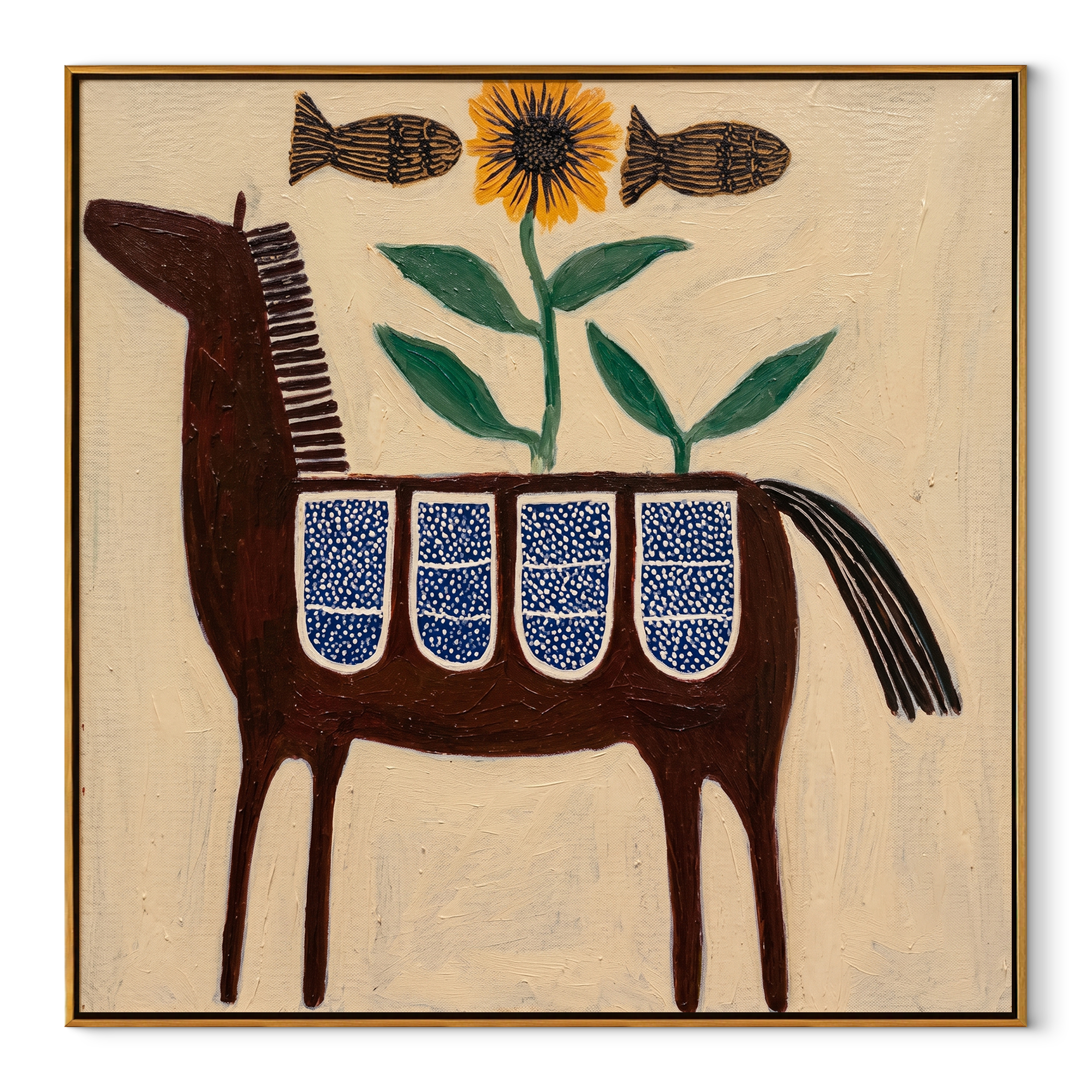 Sunflower Blooms above Saddle equestrian horse painting, square canvas artwork