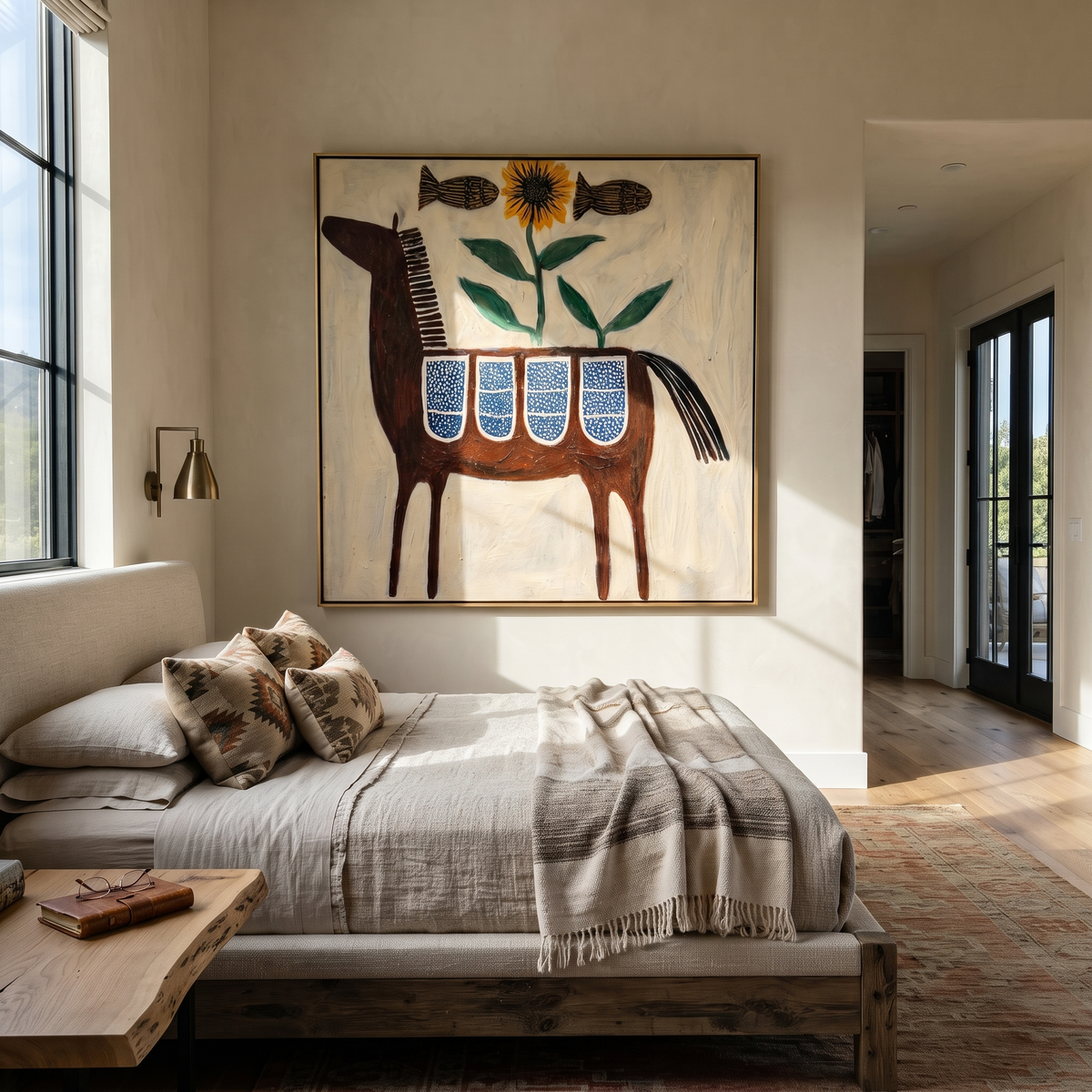 Sunflower Blooms above Saddle displayed in a layered residential setting