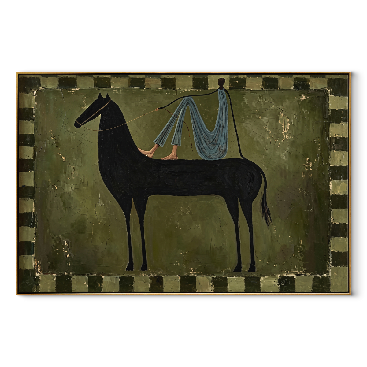 Blue Drapery Crosses Midnight equestrian horse painting, horizontal canvas artwork