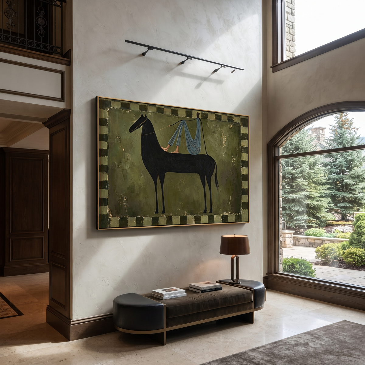 Blue Drapery Crosses Midnight styled with warm modern furnishings