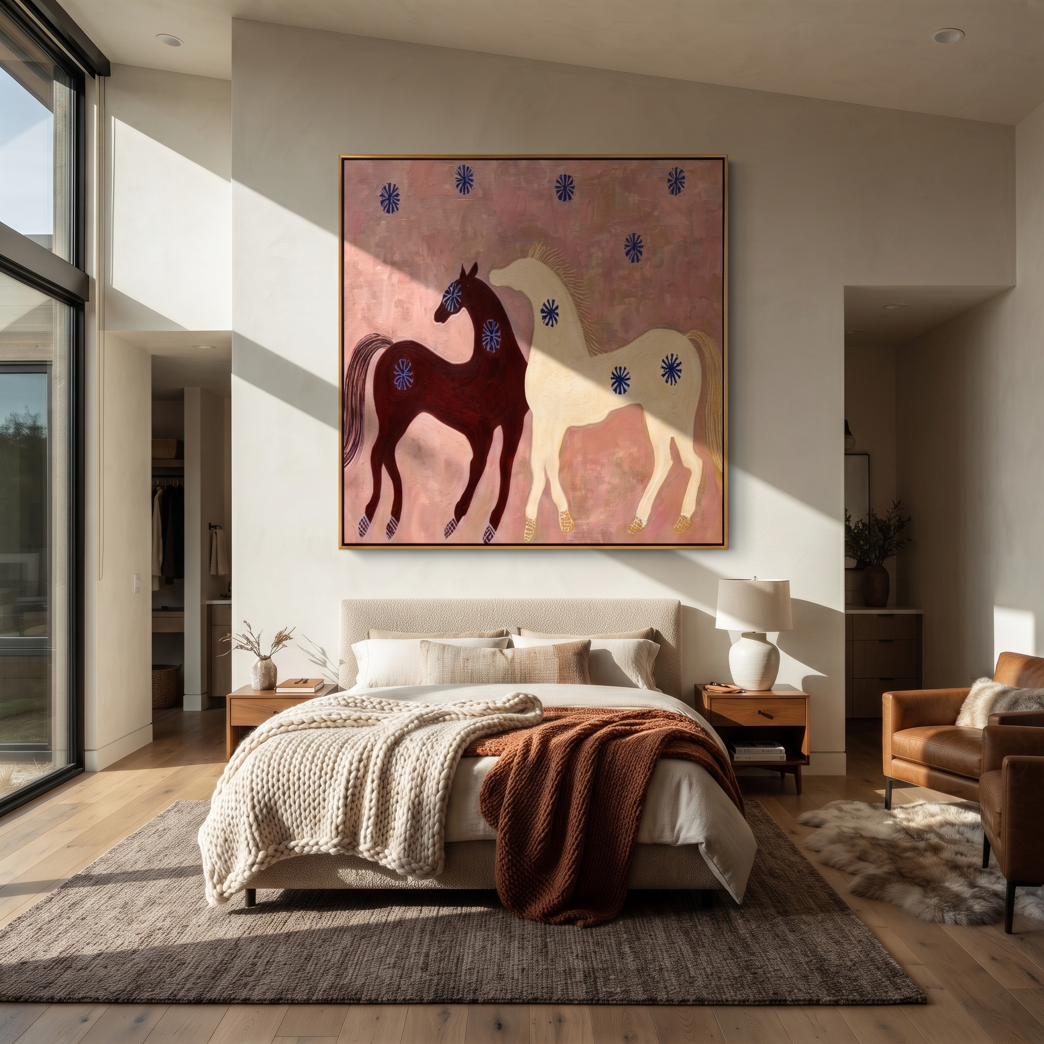Two Horses Share Blossoms displayed in a collected contemporary interior