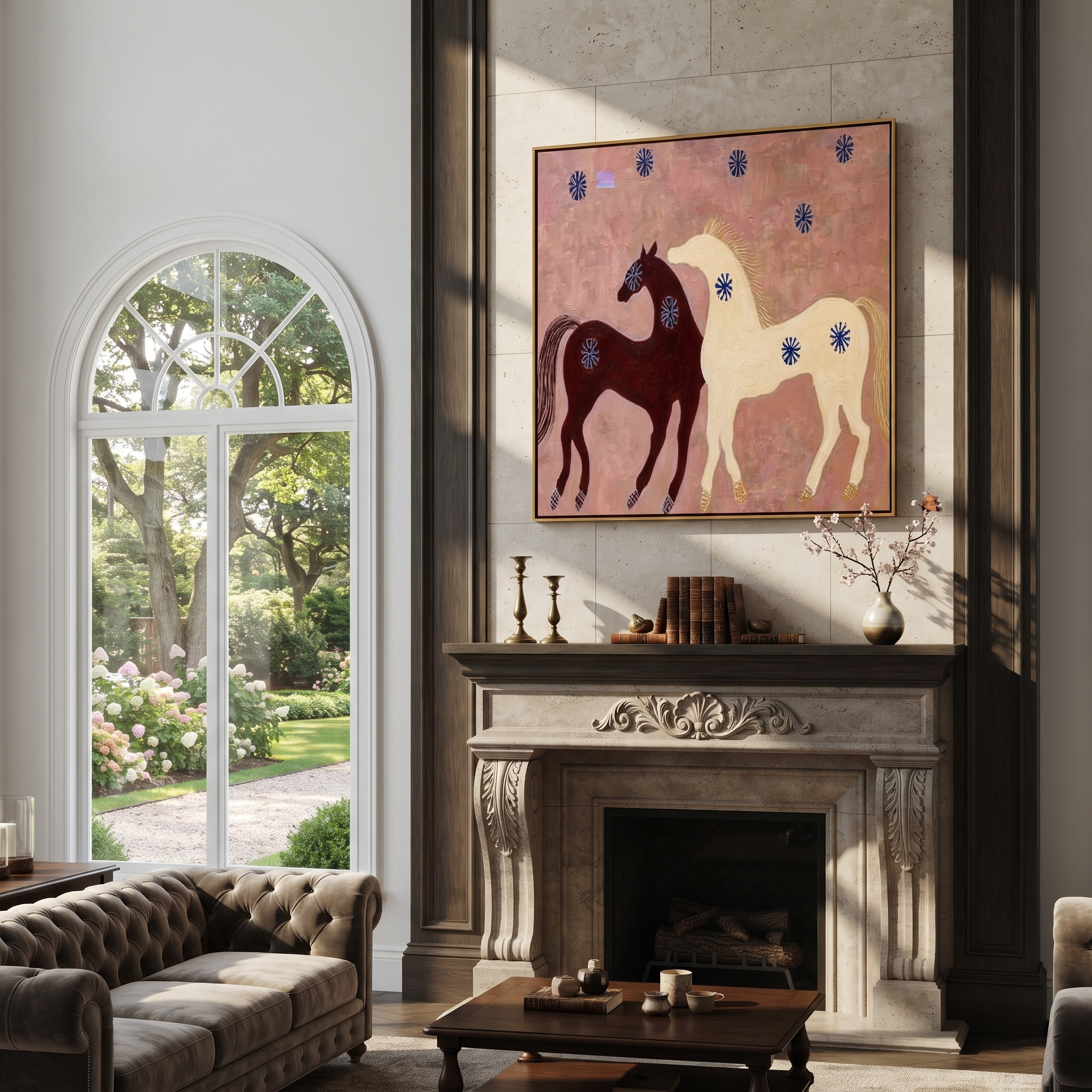 Two Horses Share Blossoms displayed in a layered residential setting