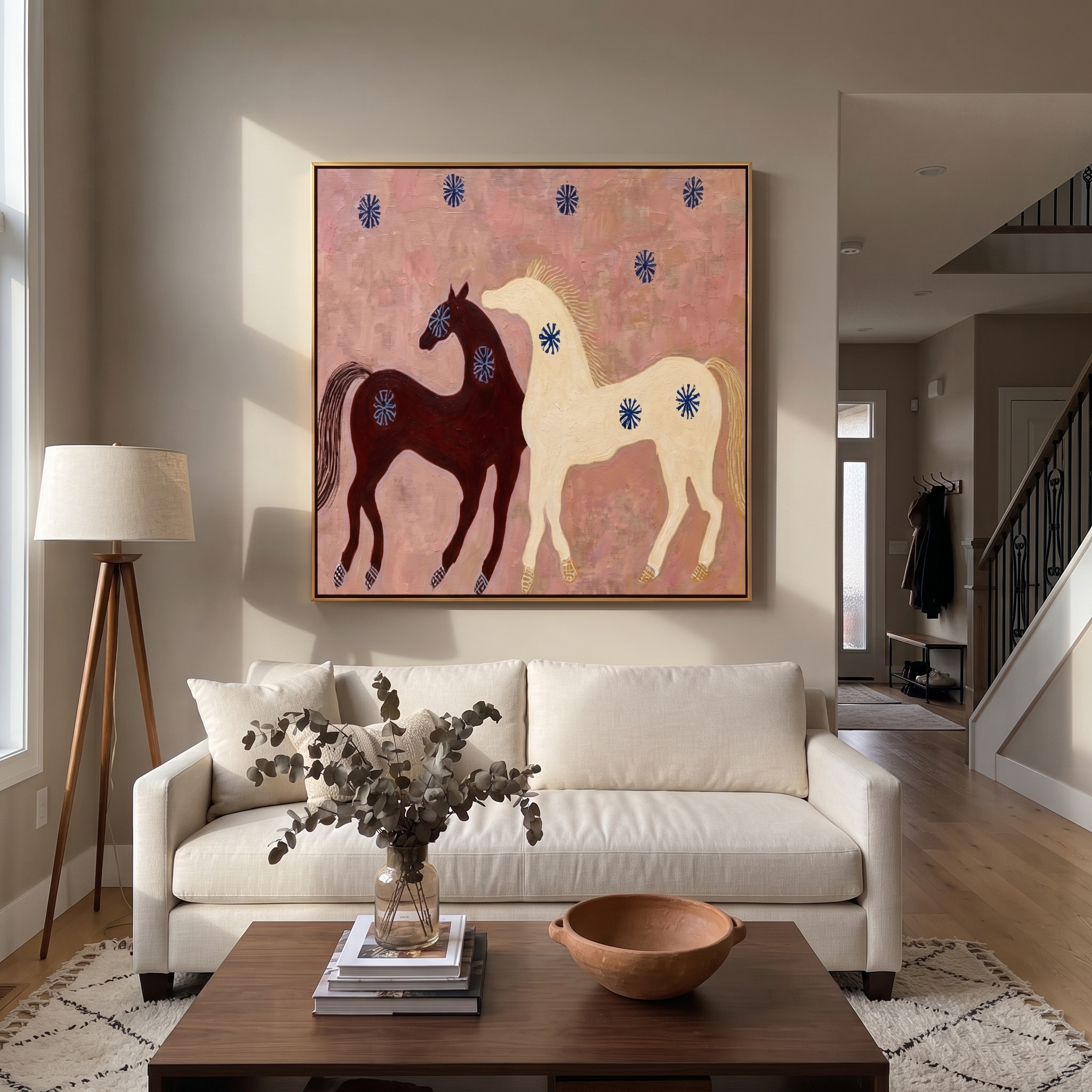 Two Horses Share Blossoms styled with wood, linen, and modern decor