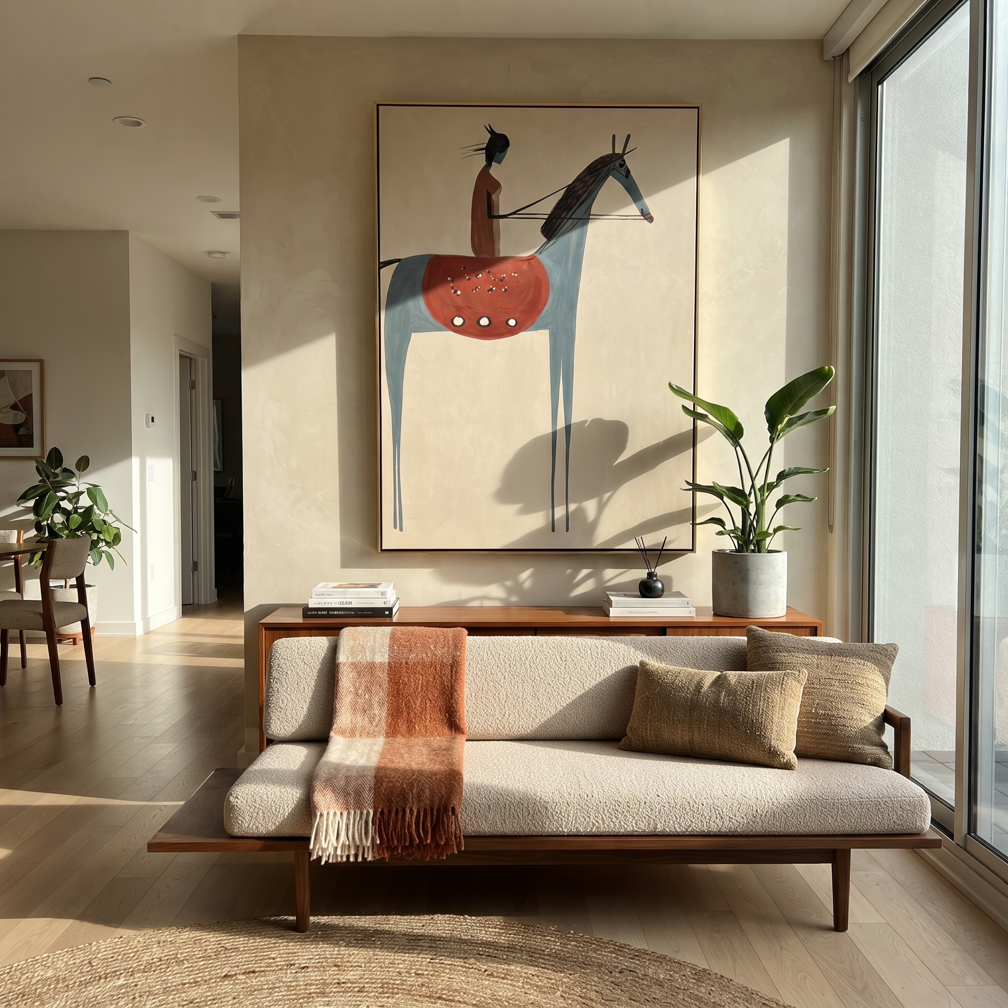 Scarlet Rider Meets Blue displayed in a collected contemporary interior