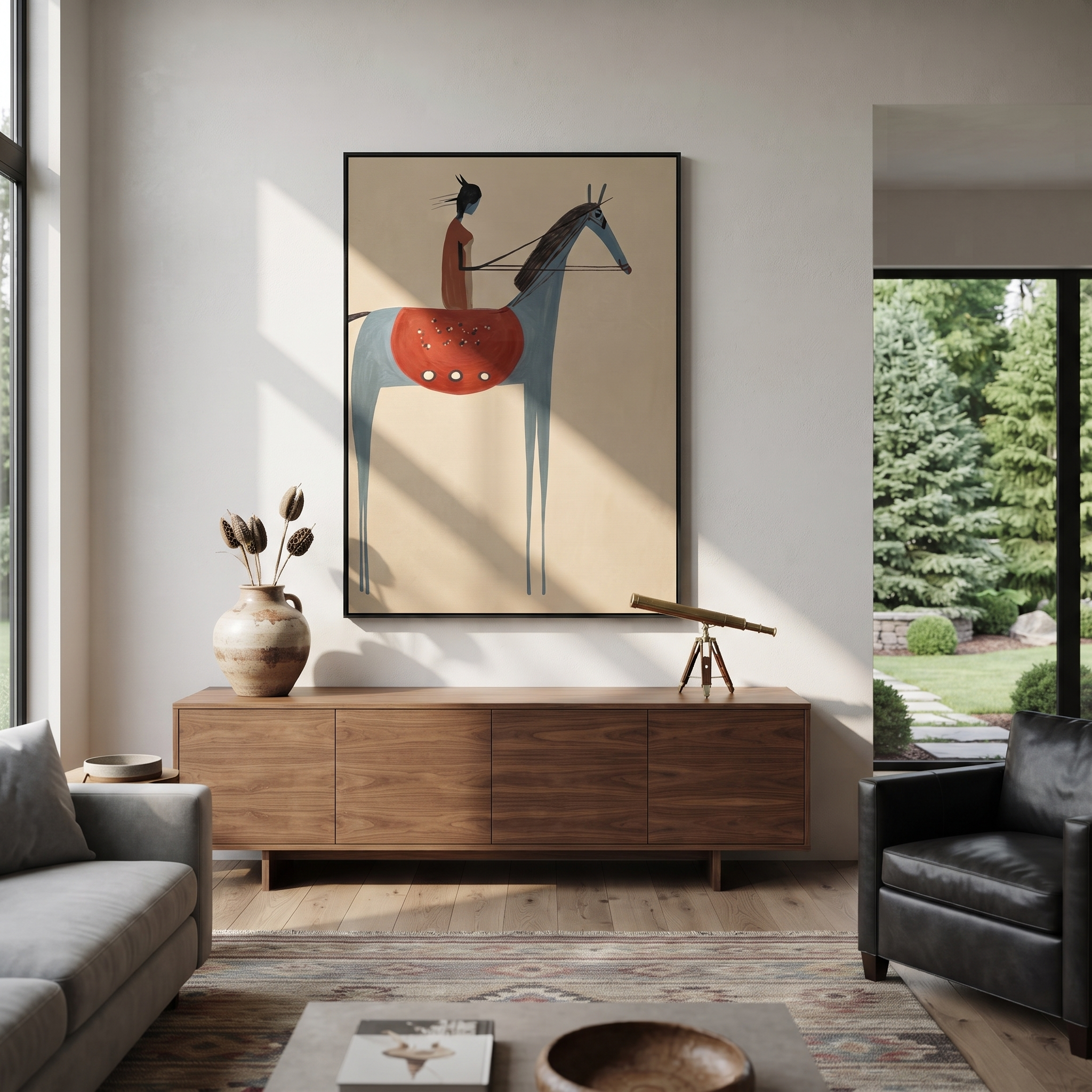 Scarlet Rider Meets Blue displayed in a layered residential setting
