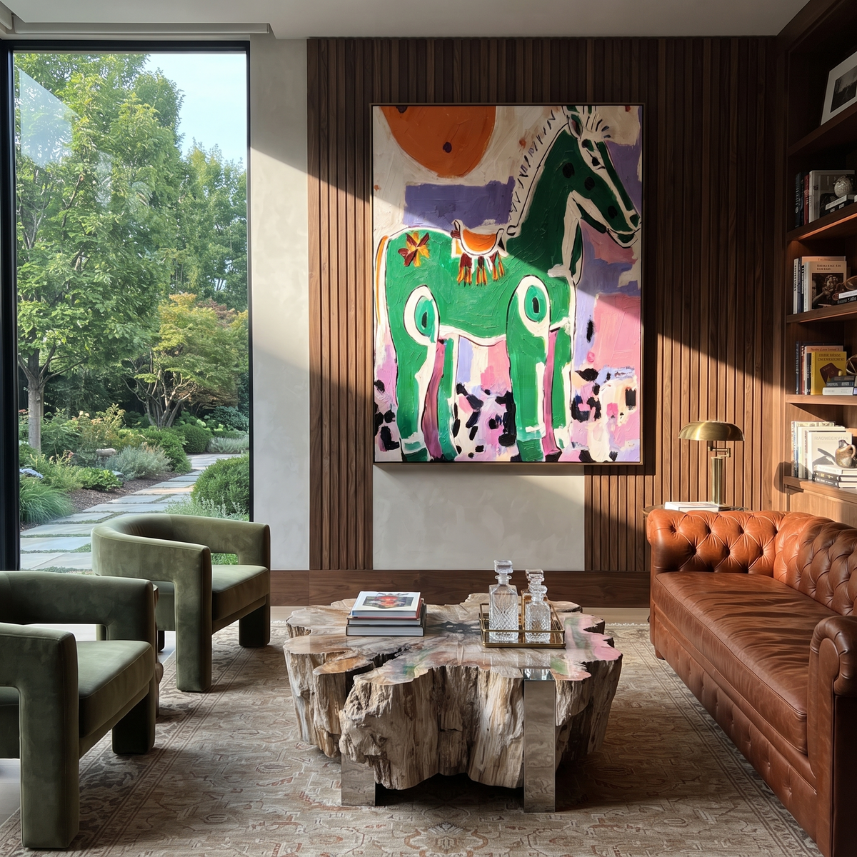 Painted Horse Faces Sun displayed in a collected contemporary interior