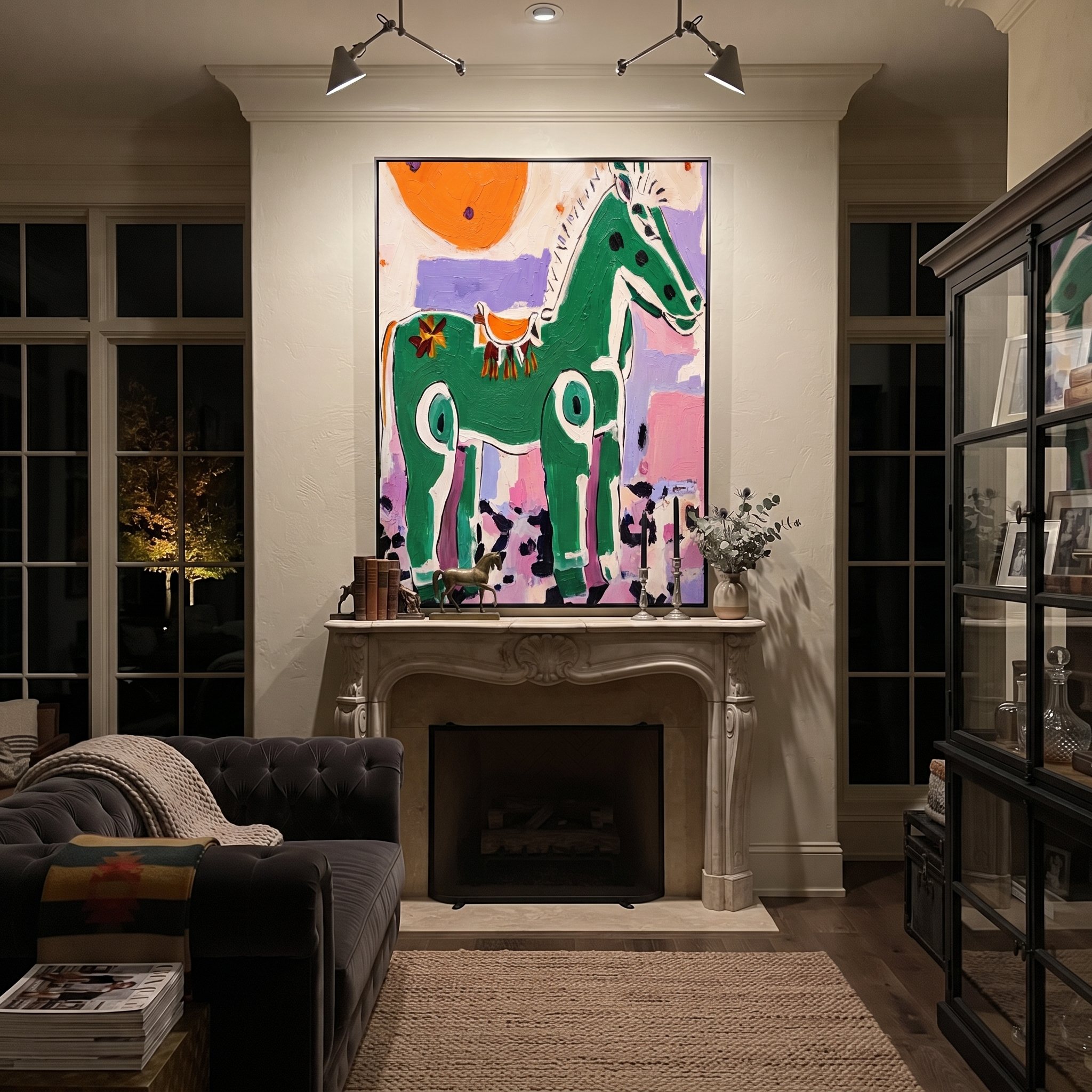 Painted Horse Faces Sun presented as a colorful interior focal point