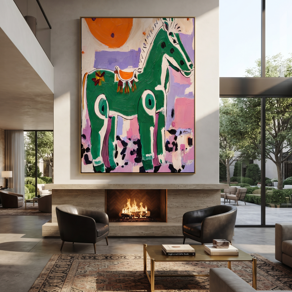 Painted Horse Faces Sun displayed in a layered residential setting
