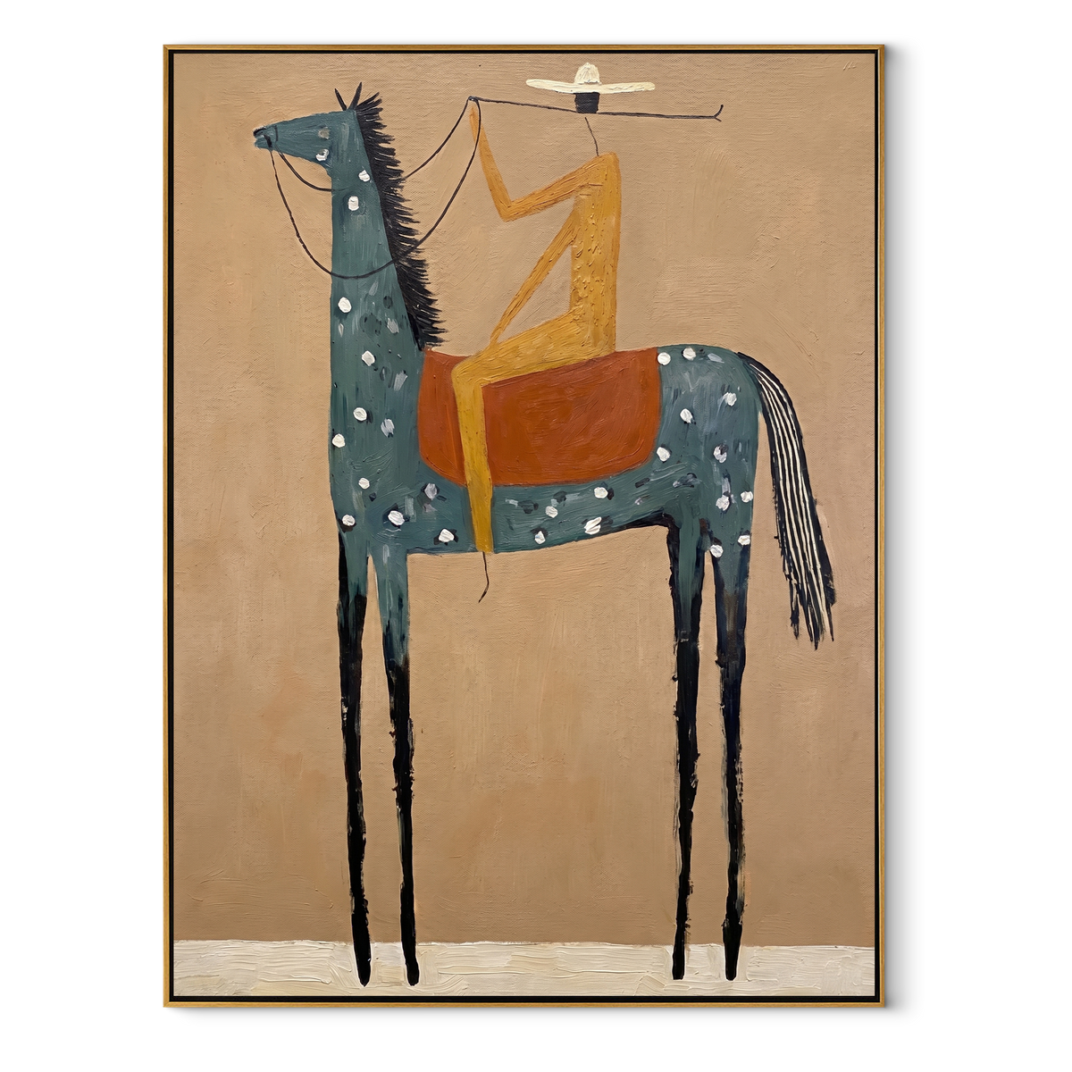 Golden Figure Balances High equestrian horse painting, vertical canvas artwork