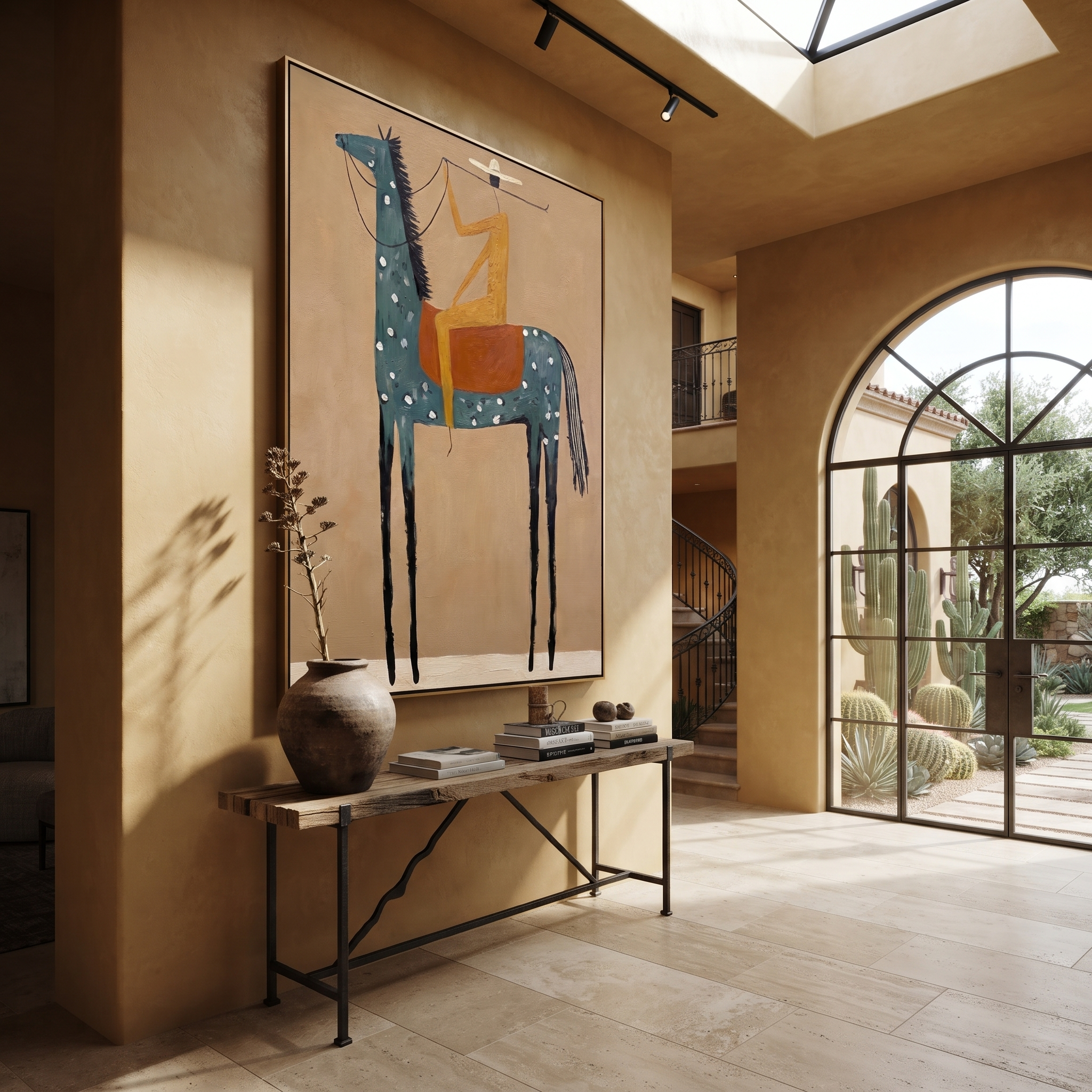 Golden Figure Balances High styled with wood, linen, and modern decor