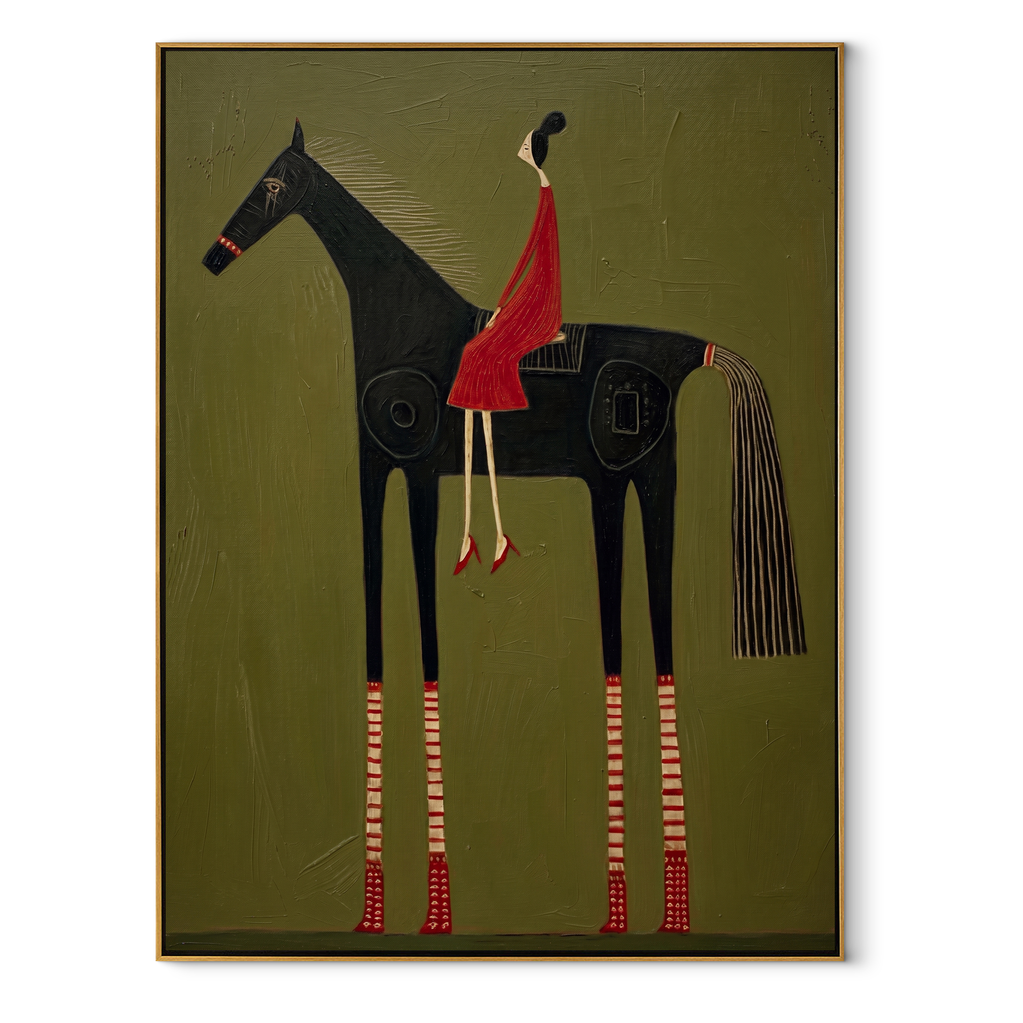 Scarlet Stillness Rides Black equestrian horse painting, vertical canvas artwork