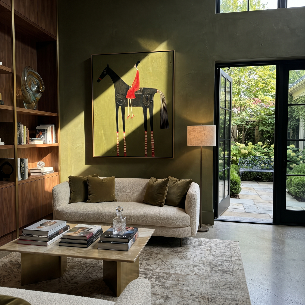 Scarlet Stillness Rides Black displayed in a layered residential setting