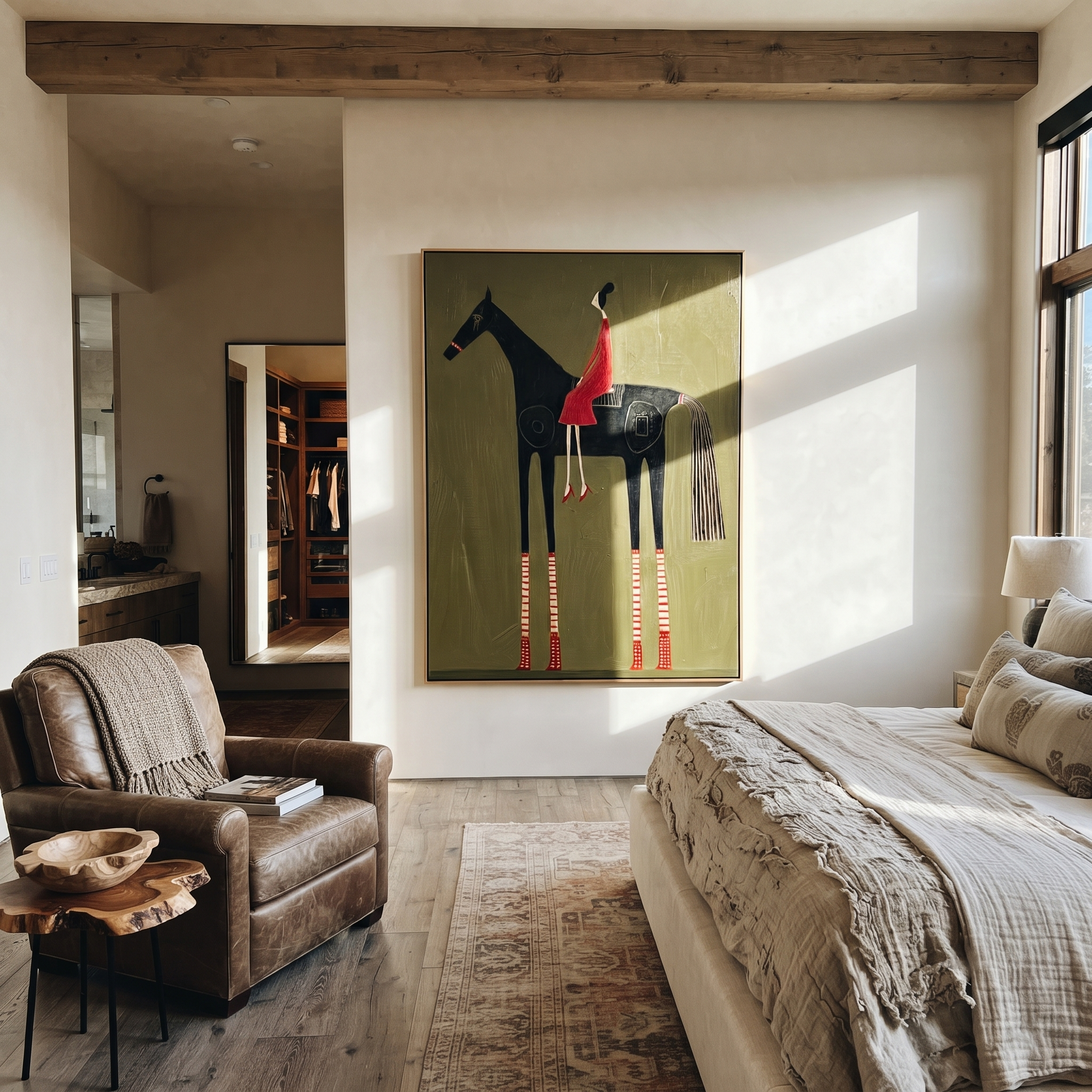 Scarlet Stillness Rides Black styled with wood, linen, and modern decor