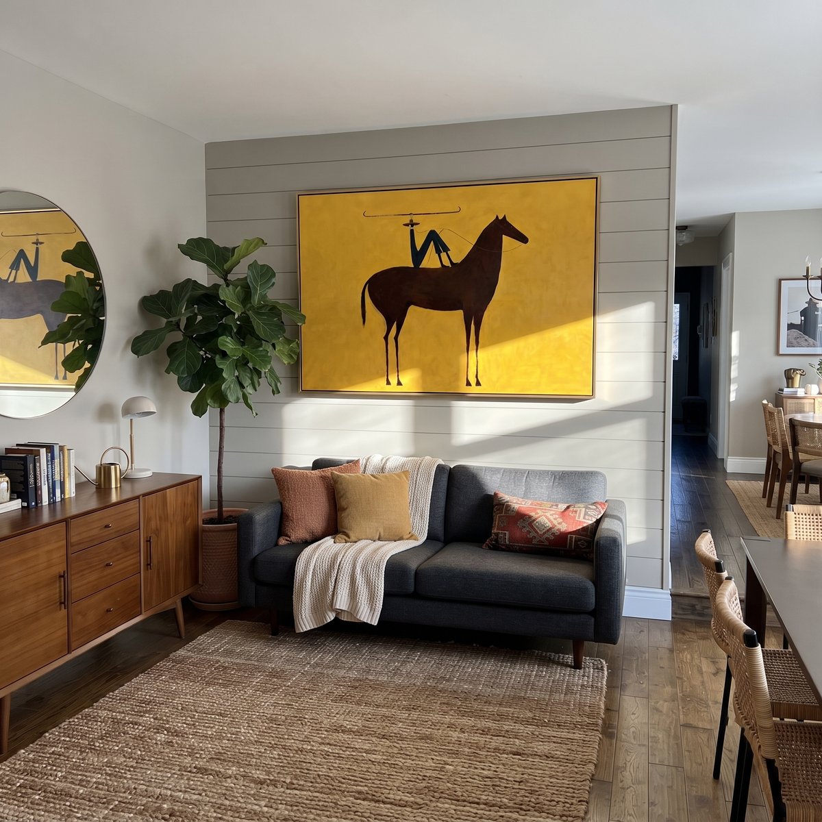 Blue Rider Balances Horizon styled with wood, linen, and modern decor