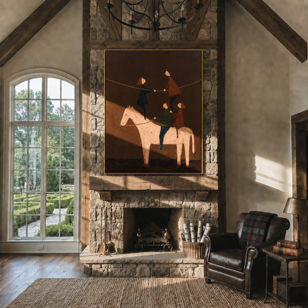 Three Acrobats Share Saddle displayed in a collected contemporary interior