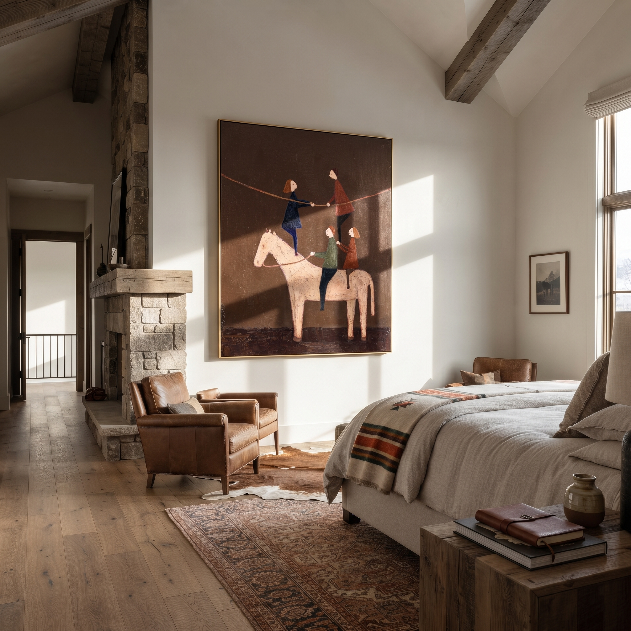 Three Acrobats Share Saddle displayed in a layered residential setting
