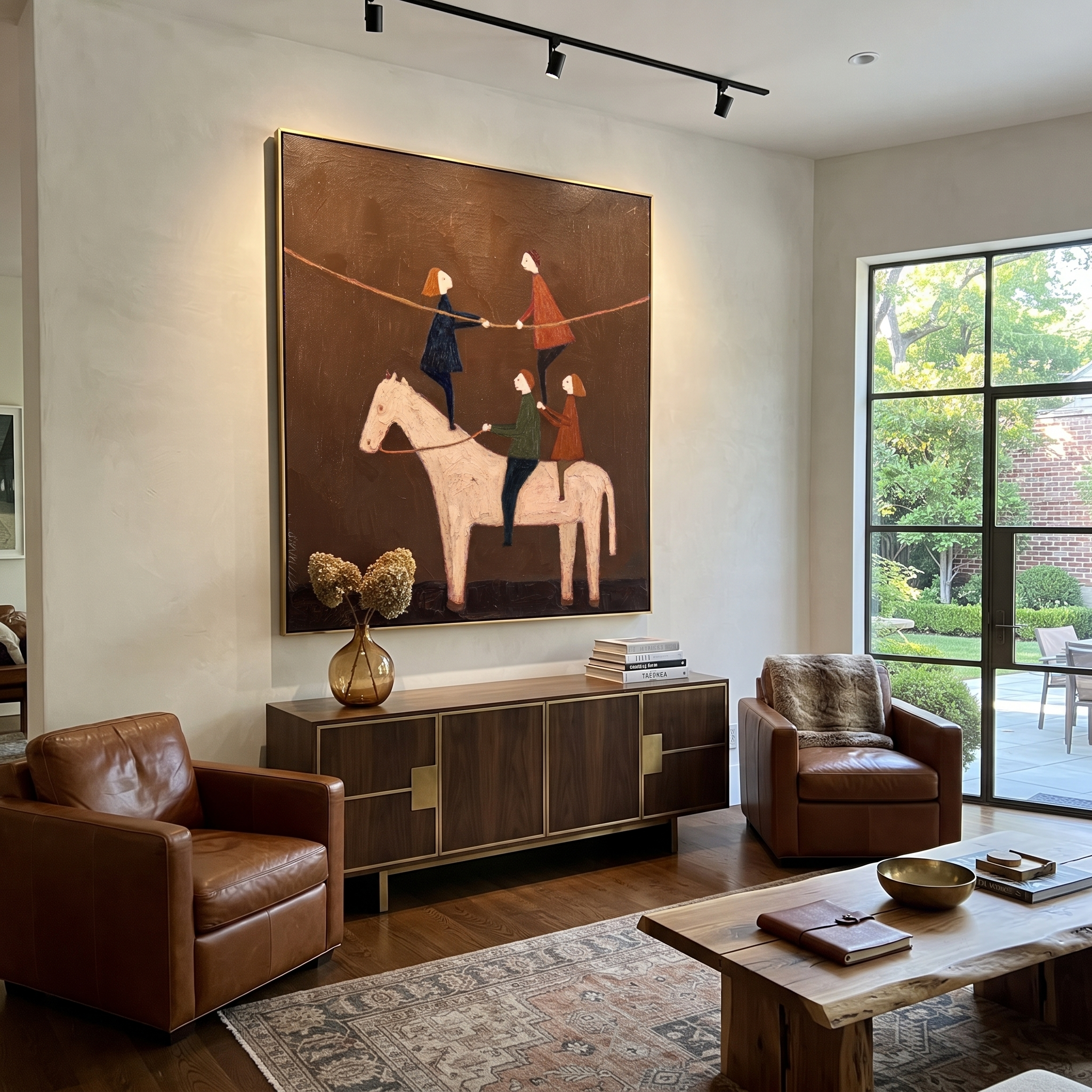 Three Acrobats Share Saddle styled with wood, linen, and modern decor