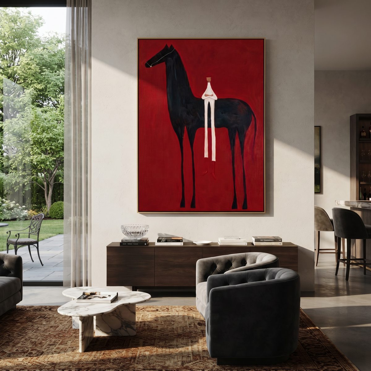 White Figure Meets Midnight displayed in a collected contemporary interior