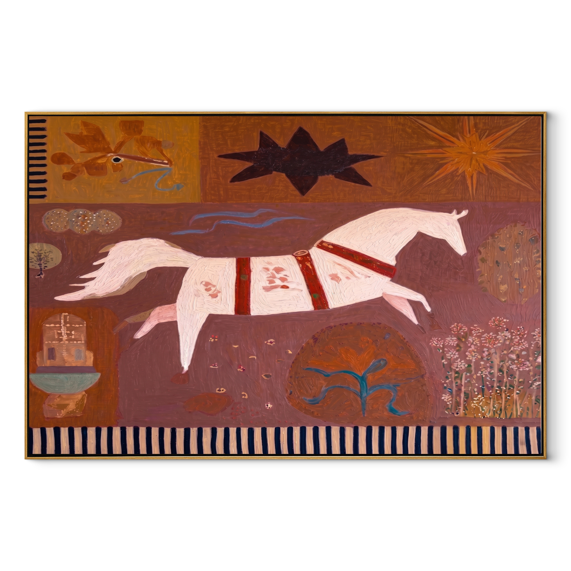 White Herd Breaks Rust equestrian horse painting, horizontal canvas artwork